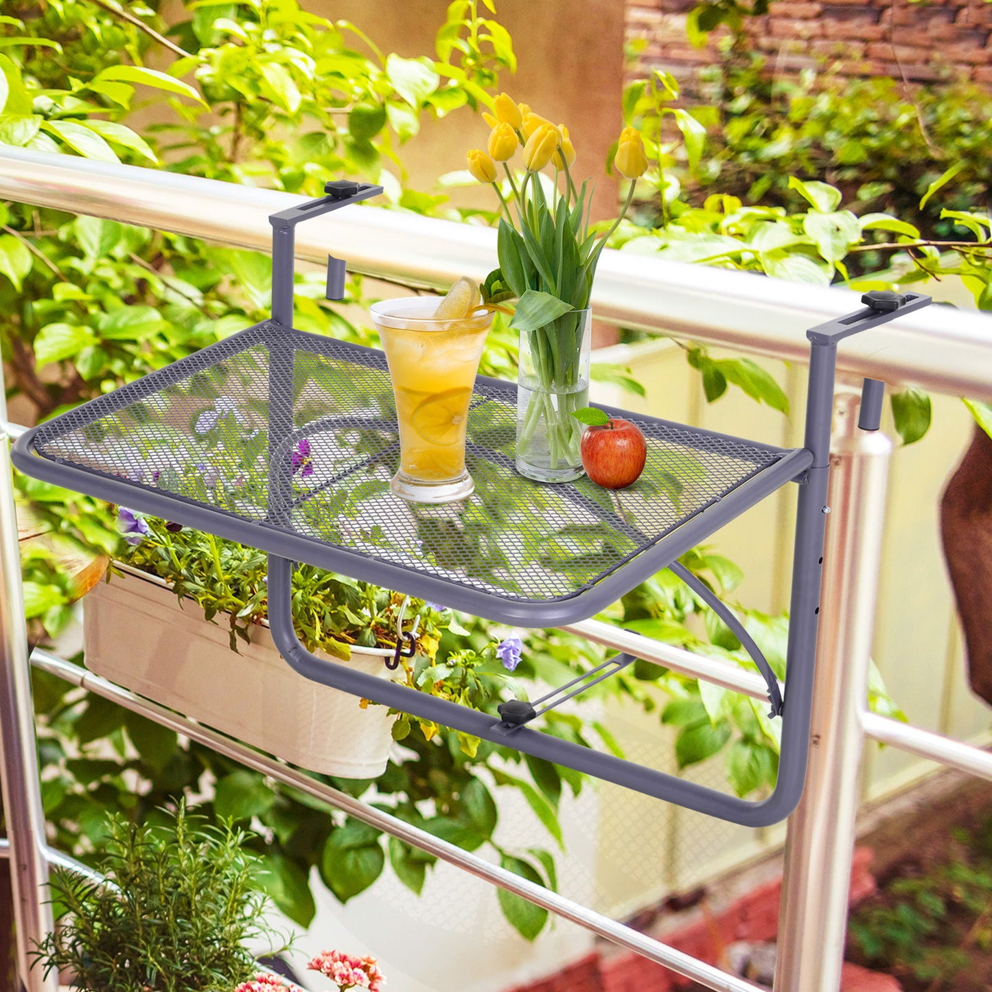 Adjustable Balcony Hanging Railing Table, Metal Mounting Mini Wall Desk Storage Rack, Outdoor Flower Stand Serving Table Rectangle, Grey