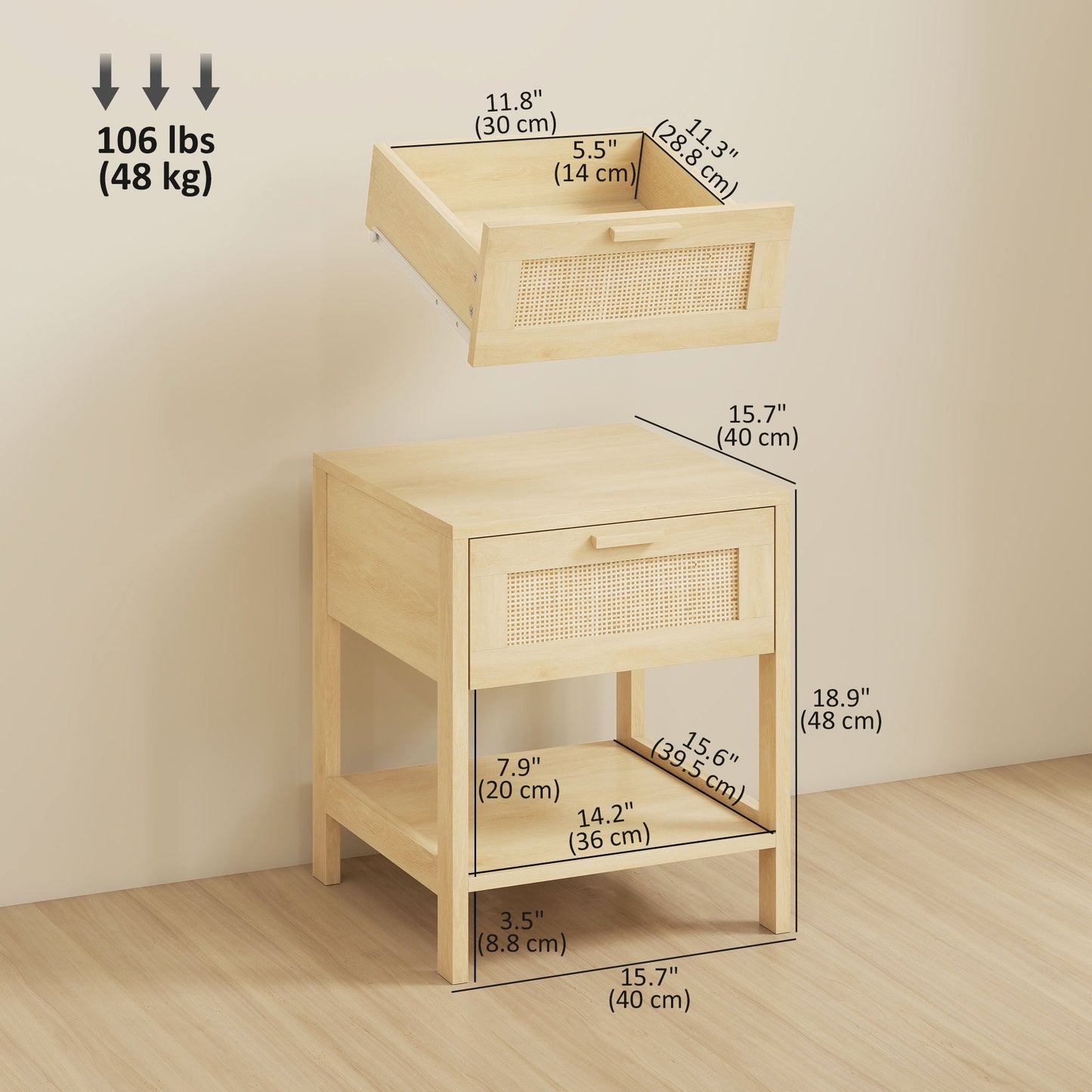 Narrow Nightstand with Rattan Elements, Bedside Table with Drawer and Storage Shelf for Bedroom, Set of 2, Natural Wood