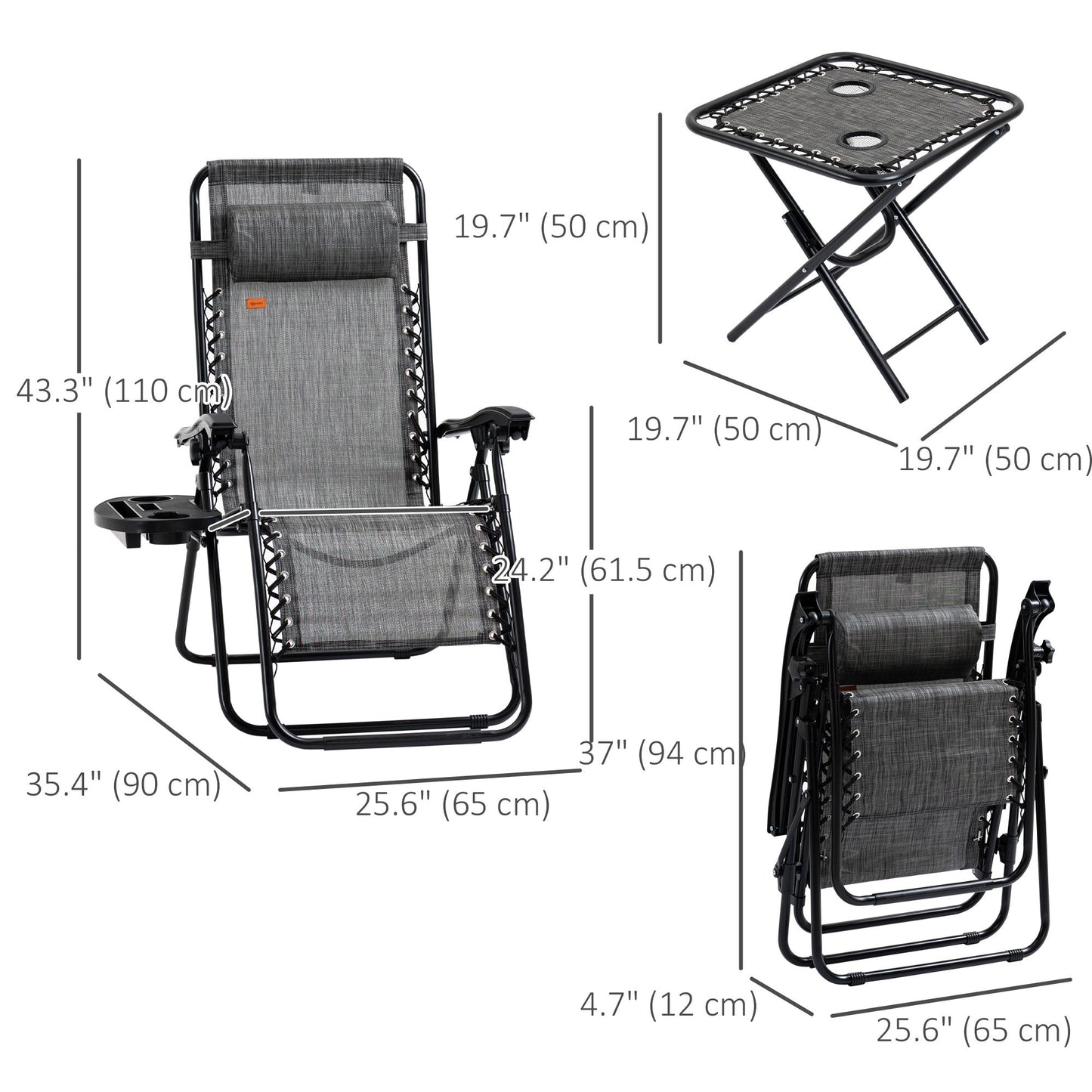 Zero Gravity Chair Set of 2 Patio Chair with Side Table Cupholders and Pillows for Pool, Backyard, Lawn, Beach, Grey