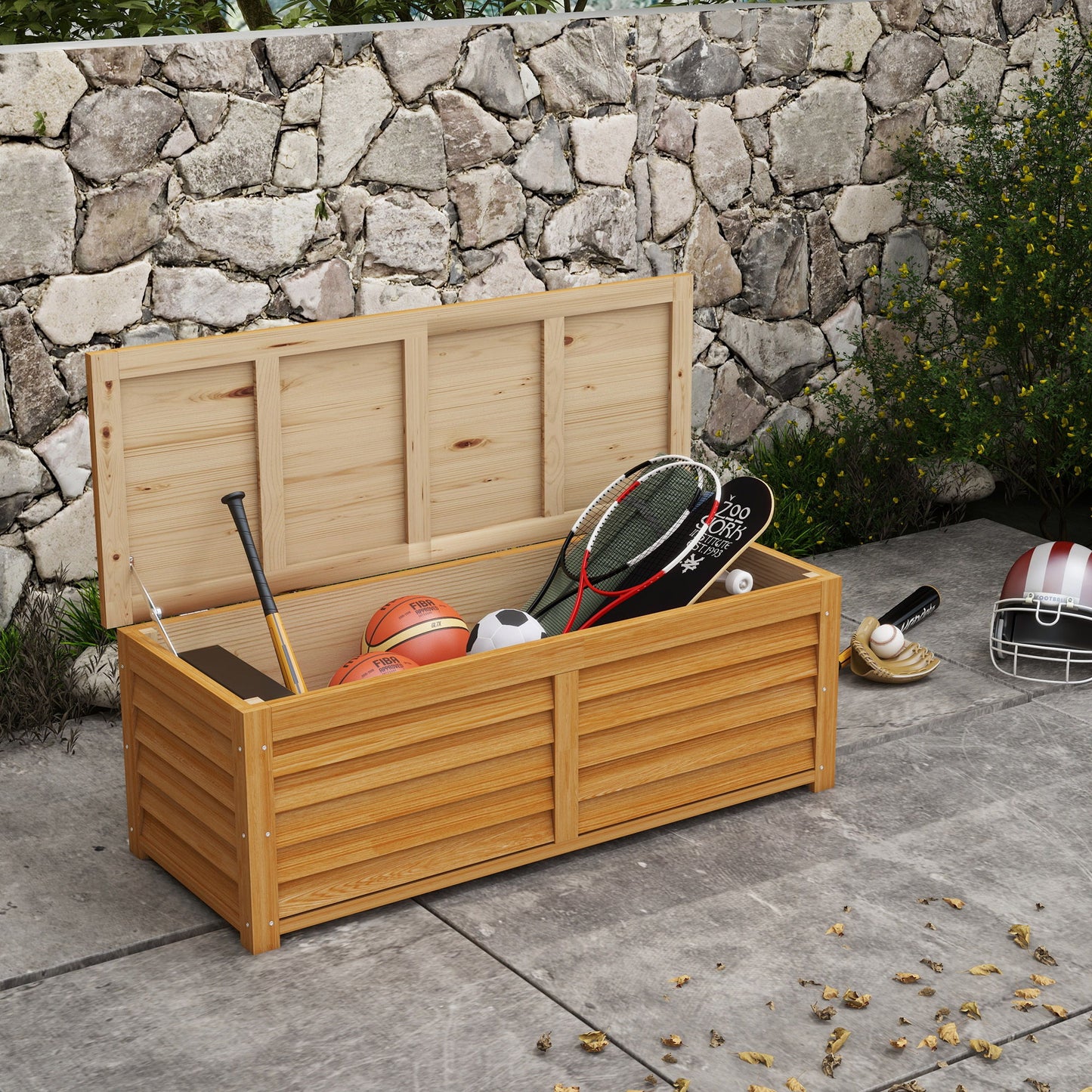 176L Outdoor Storage Box, Wooden Deck Storage Container with 2 Safety Hinges for Balcony, Porch, Poolside, Light Brown