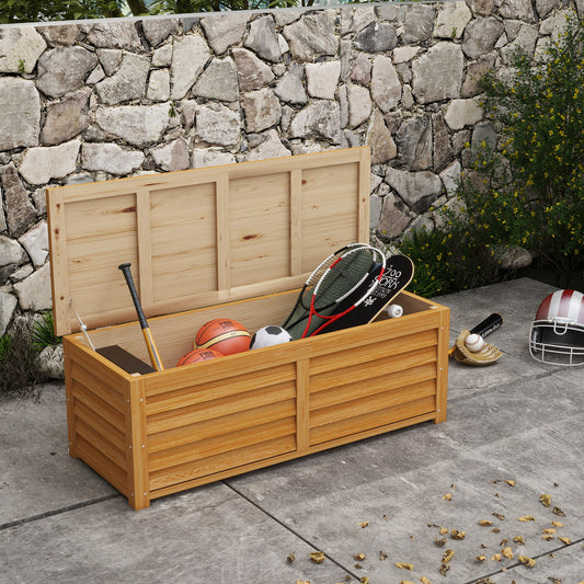 176L Outdoor Storage Box, Wooden Deck Storage Container with 2 Safety Hinges for Balcony, Porch, Poolside, Light Brown