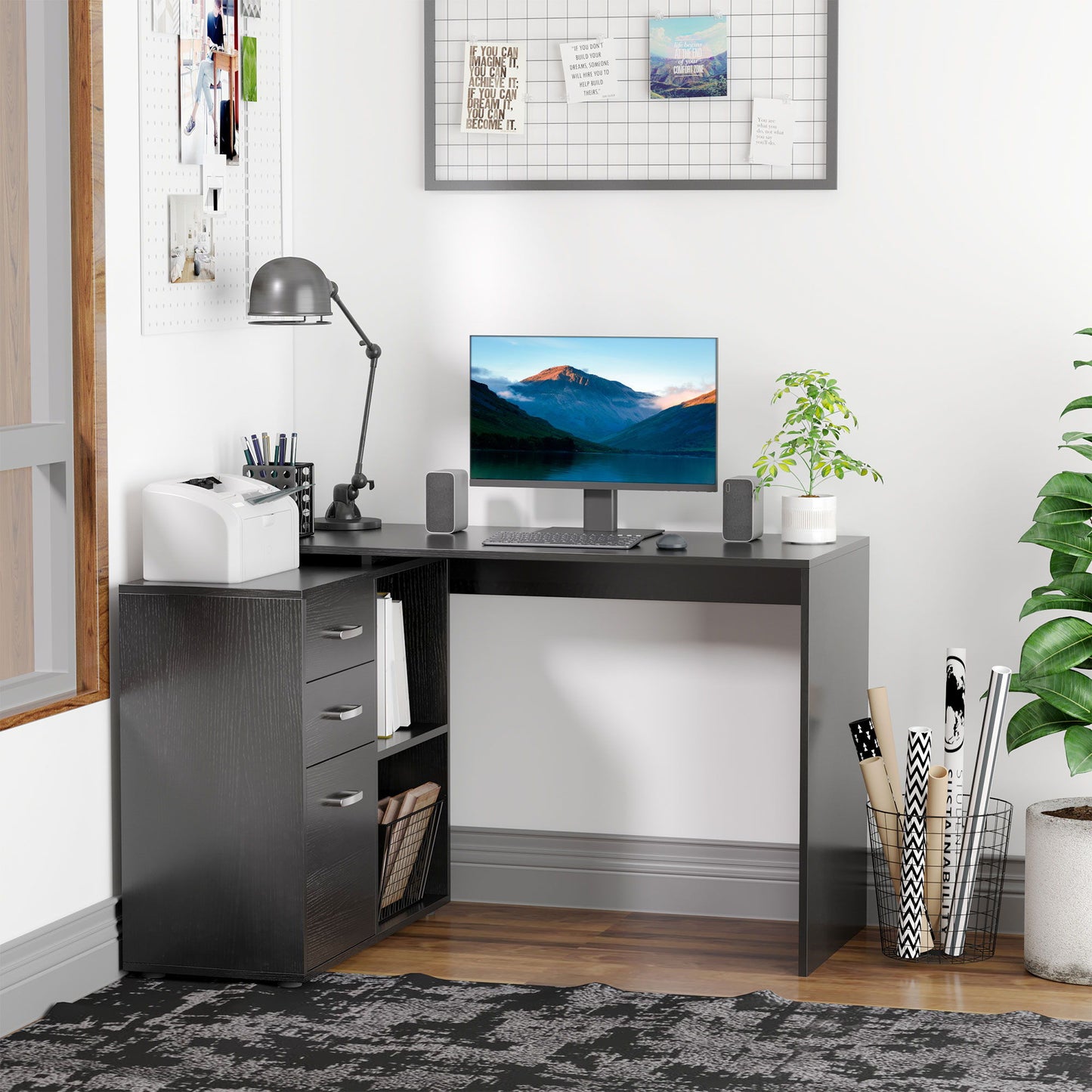L-Shaped Corner Straight Writing Desk with Storage Shelf, Drawer, Home Office PC Table Computer Workstation, Black