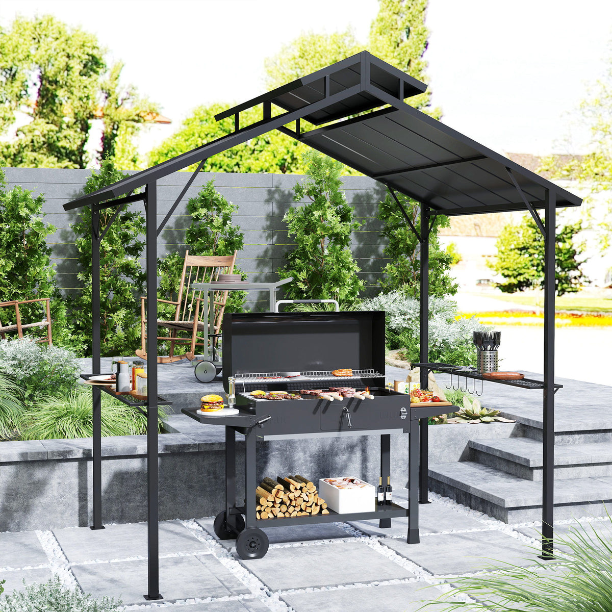 8 x 5ft Hardtop Grill Gazebo with Double Metal Roof, 2 Side Shelves and 10 Hooks for Patio Backyard Lawn Deck