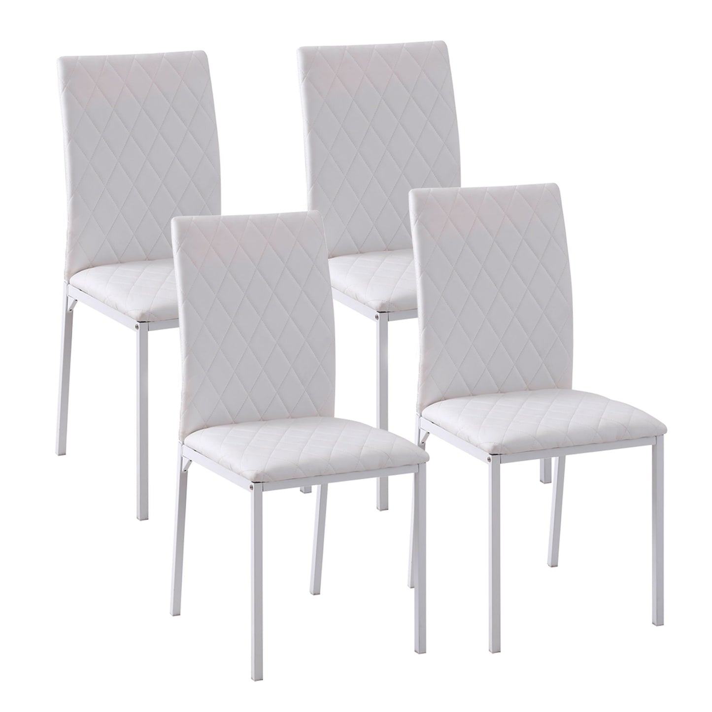 Modern Dining Chairs Set of 4, Upholstered Faux Leather Kitchen Chairs with Rhombic Tufting and Metal Legs for Living Room, White