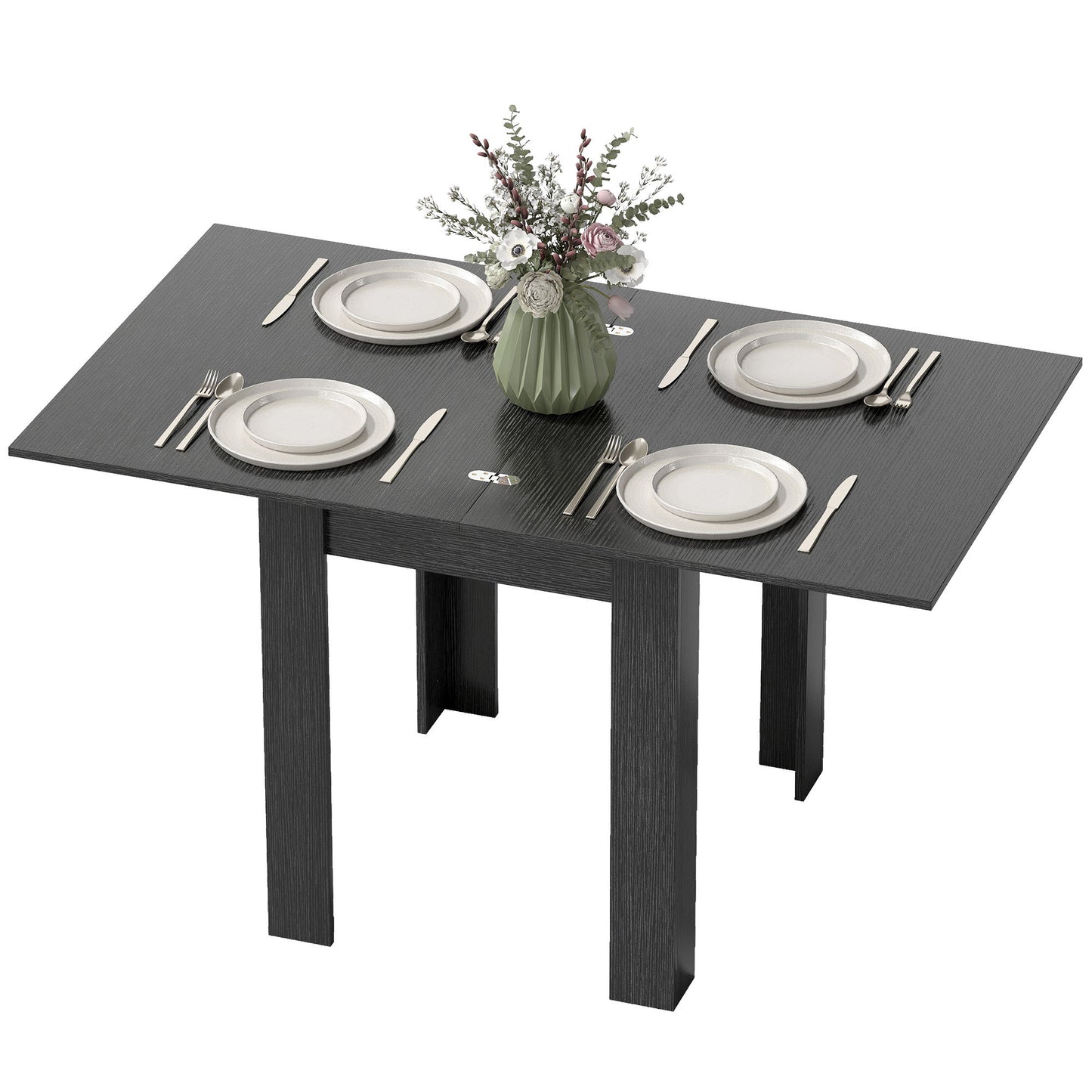 55" Extendable Dining Table for 4-6 Person, Kitchen Table with PU Handle and Felt Pads for Small Spaces, Black