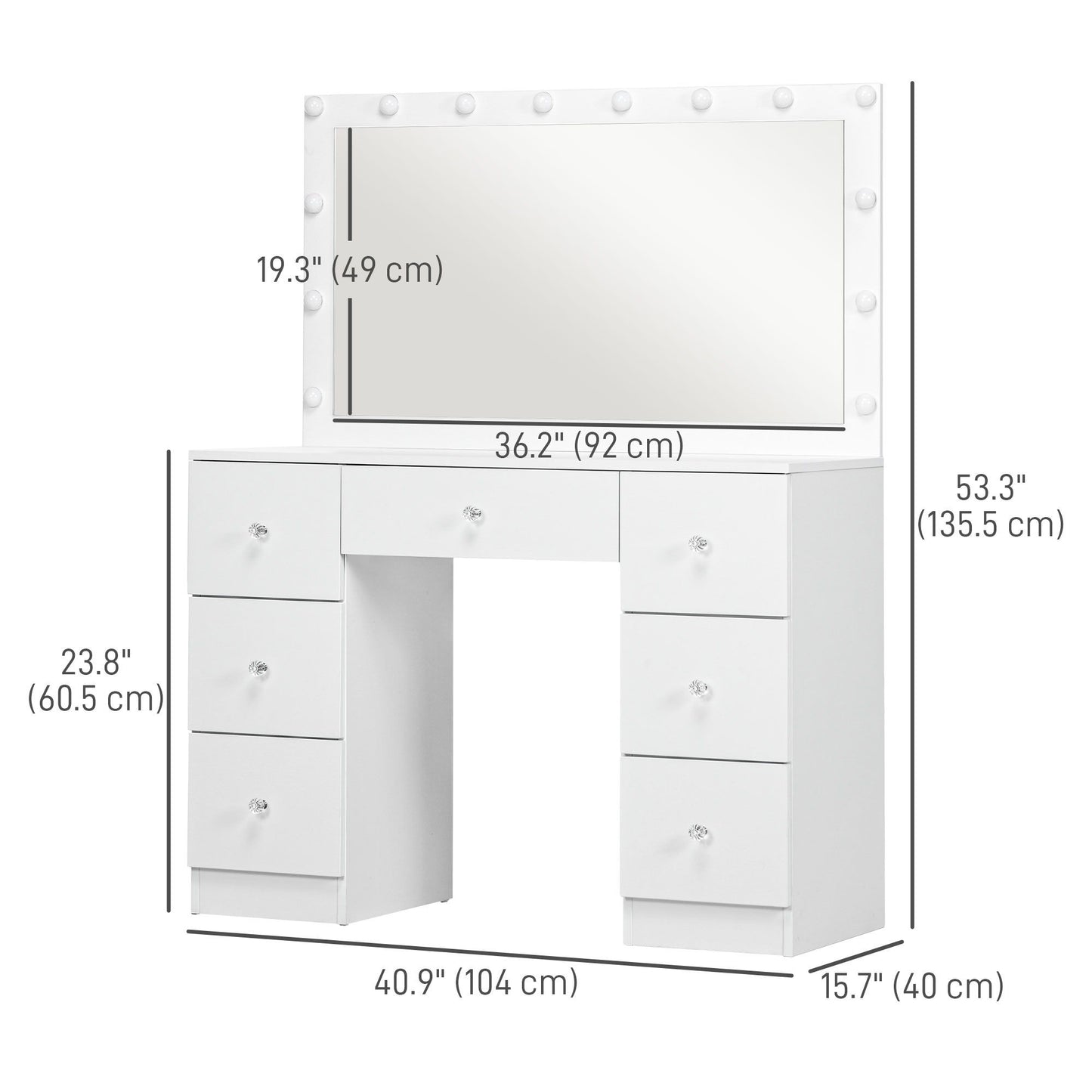 Makeup Vanity Table, Dressing Table with Mirror and Lights, Modern Makeup Table with 7 Drawers and 10 LED Lights, White