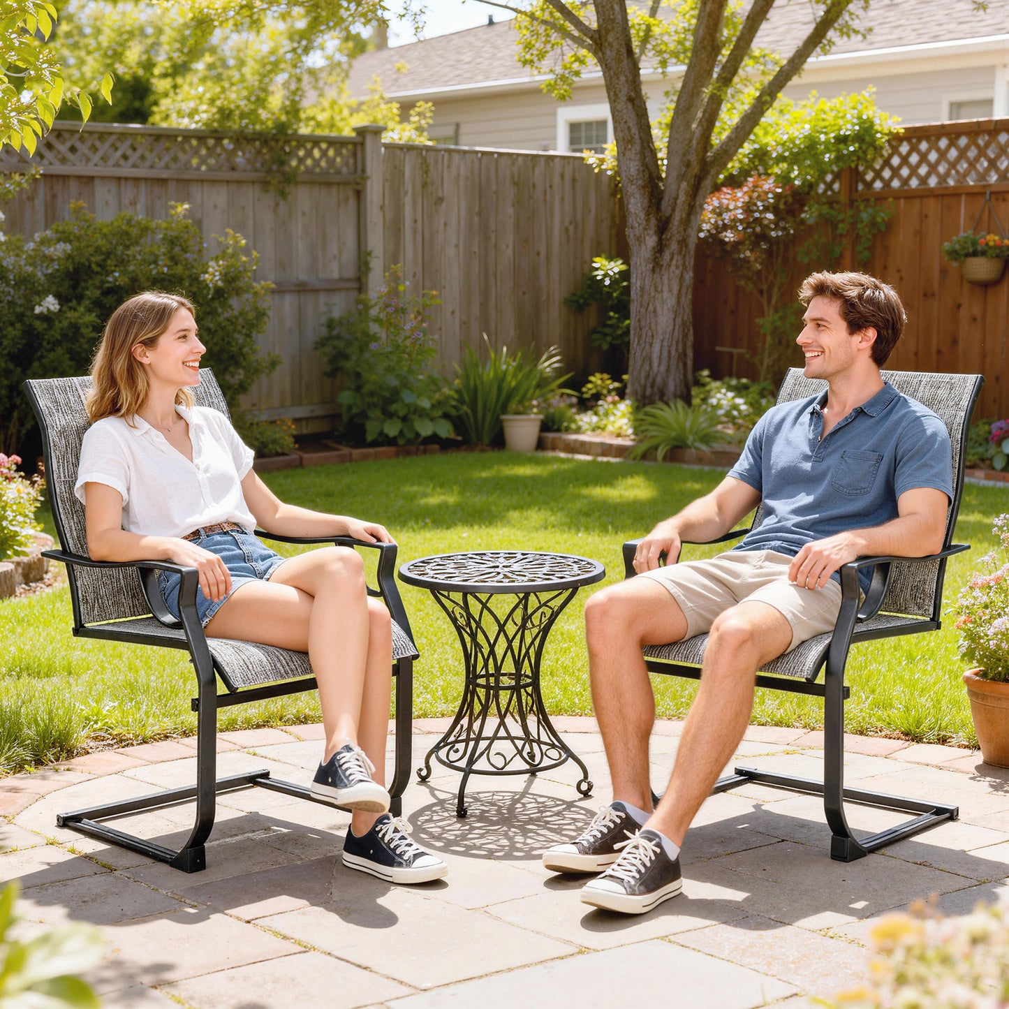 C Spring Motion Patio Chairs Set of 2 with Curved High Backrest, Armrest, All Weather Breathable Fabric, Metal Frame