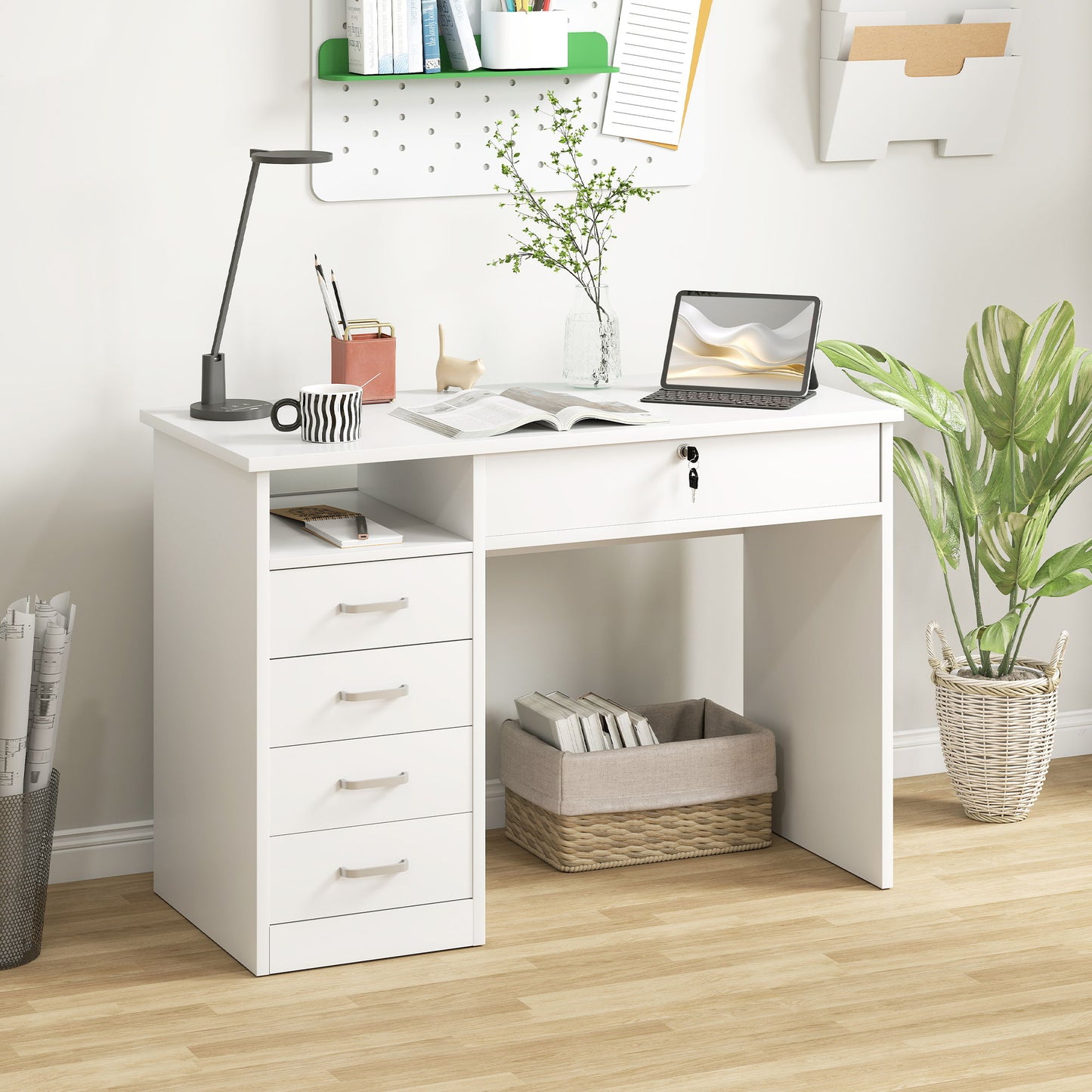 Home Office Desk with Storage, Computer Desk with Lockable Drawer and Open Compartment, White