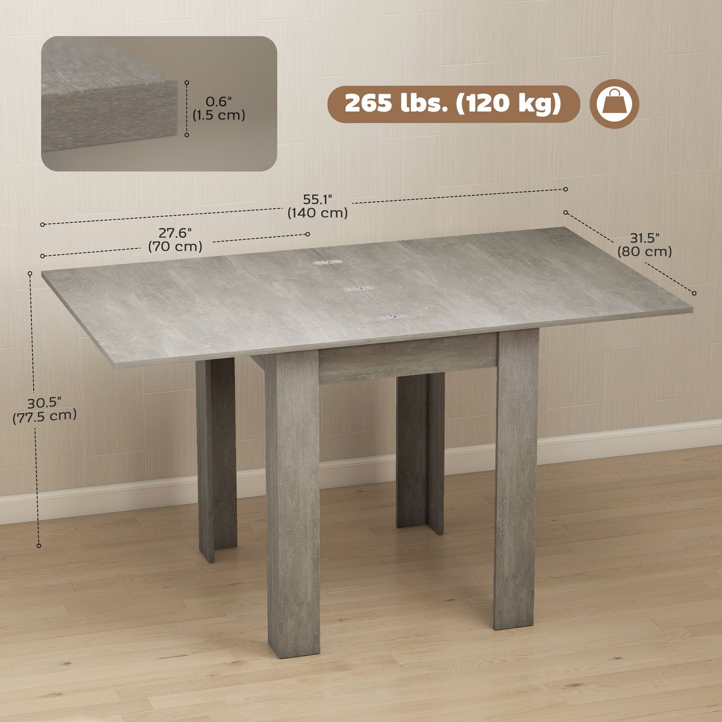 55" Extendable Dining Table for 4-6 Person, Kitchen Table with PU Handle and Felt Pads for Small Spaces, Grey