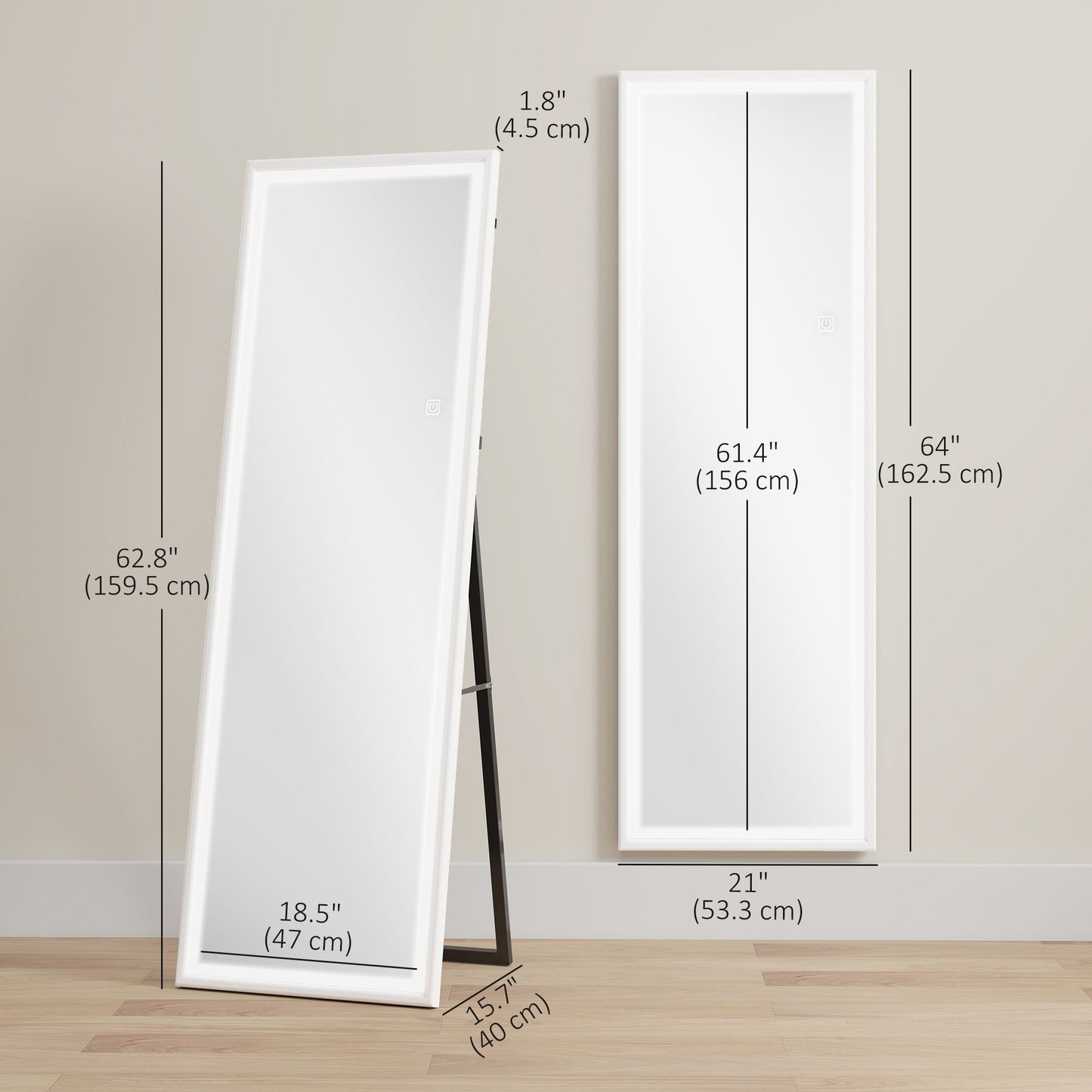 LED Mirror with Dimmable and 3 Colour Lights, 64" x 21" Rectangular Full Body Mirror for Bedroom Living Room, White