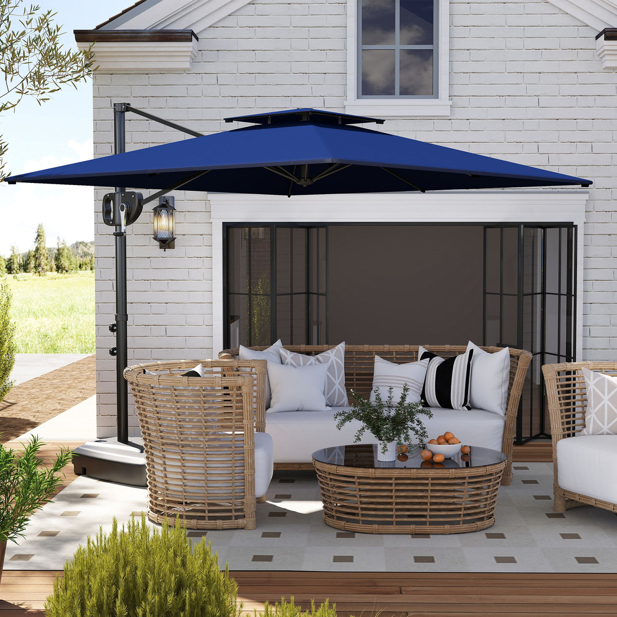 Square Cantilever Patio Umbrella, Double Top Patio Hanging Offset Umbrella with Crank & Tilt, 8' x 9', Dark Blue
