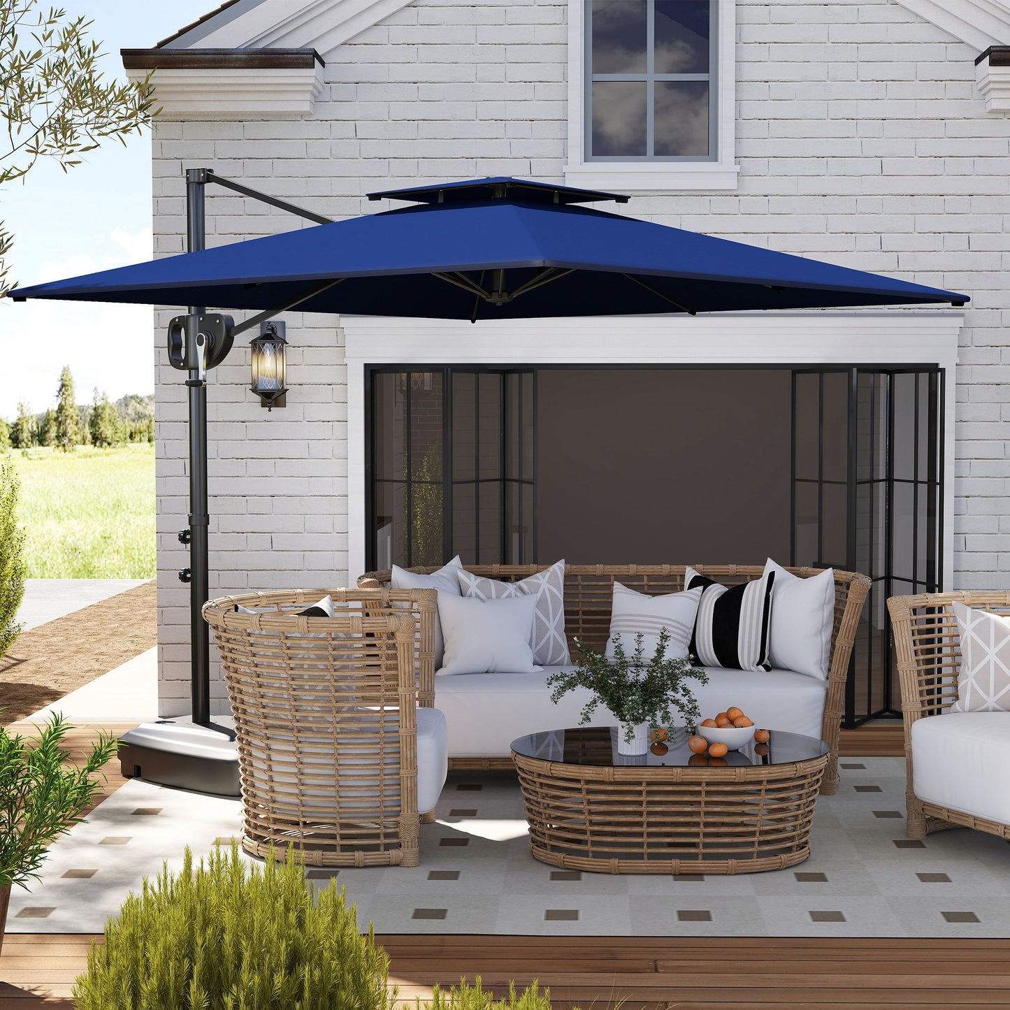 Square Cantilever Patio Umbrella, Double Top Patio Hanging Offset Umbrella with Crank & Tilt, 8' x 9', Dark Blue