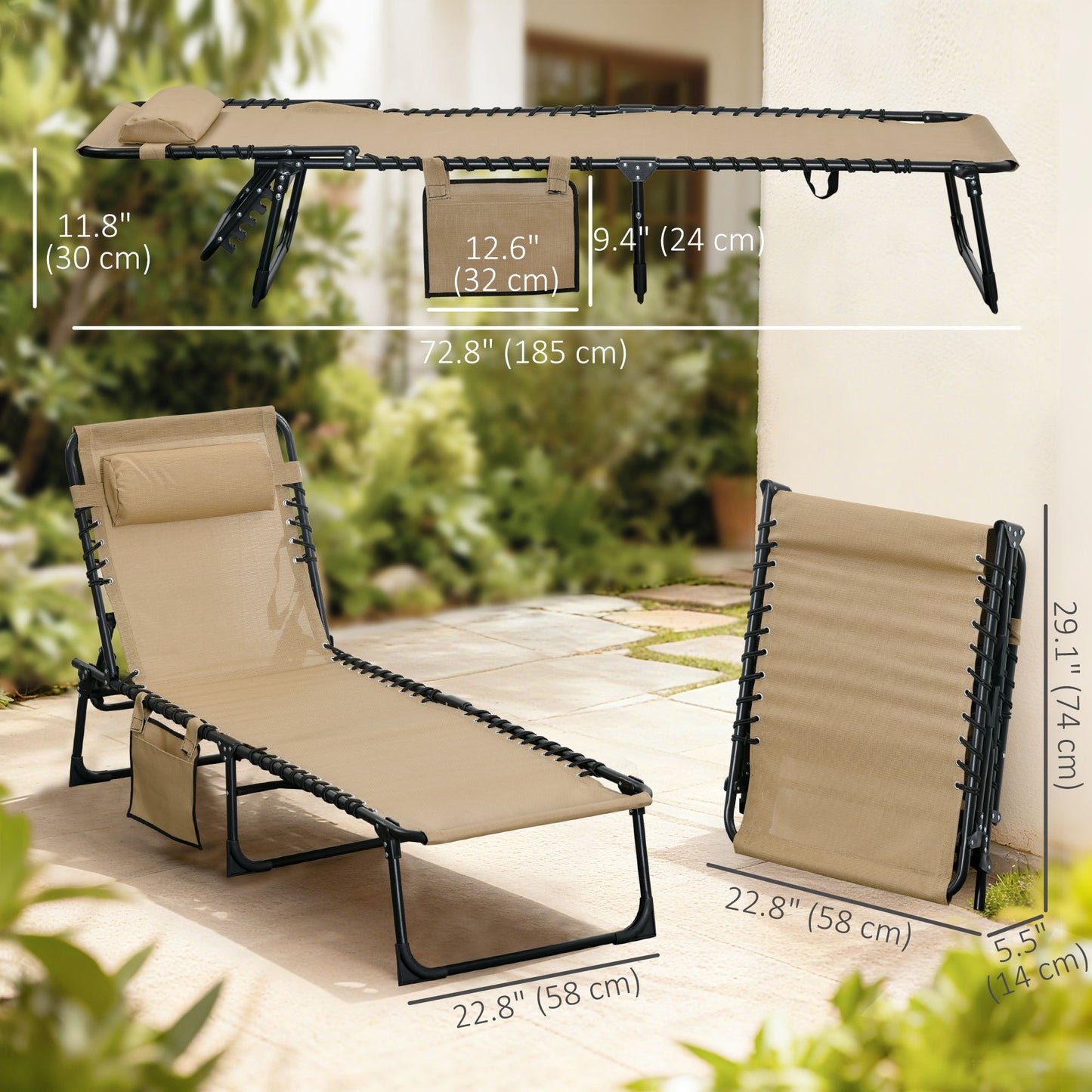 Outdoor Folding Chaise Lounge, Reclining Lounge Chair with Adjustable Backrest and Removable Pillow, Beige