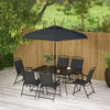 8 Piece Patio Set with Umbrella, 6 Folding Chairs, Rectangle Table, Outdoor Dining Set for 6 with Mesh Seat, Black