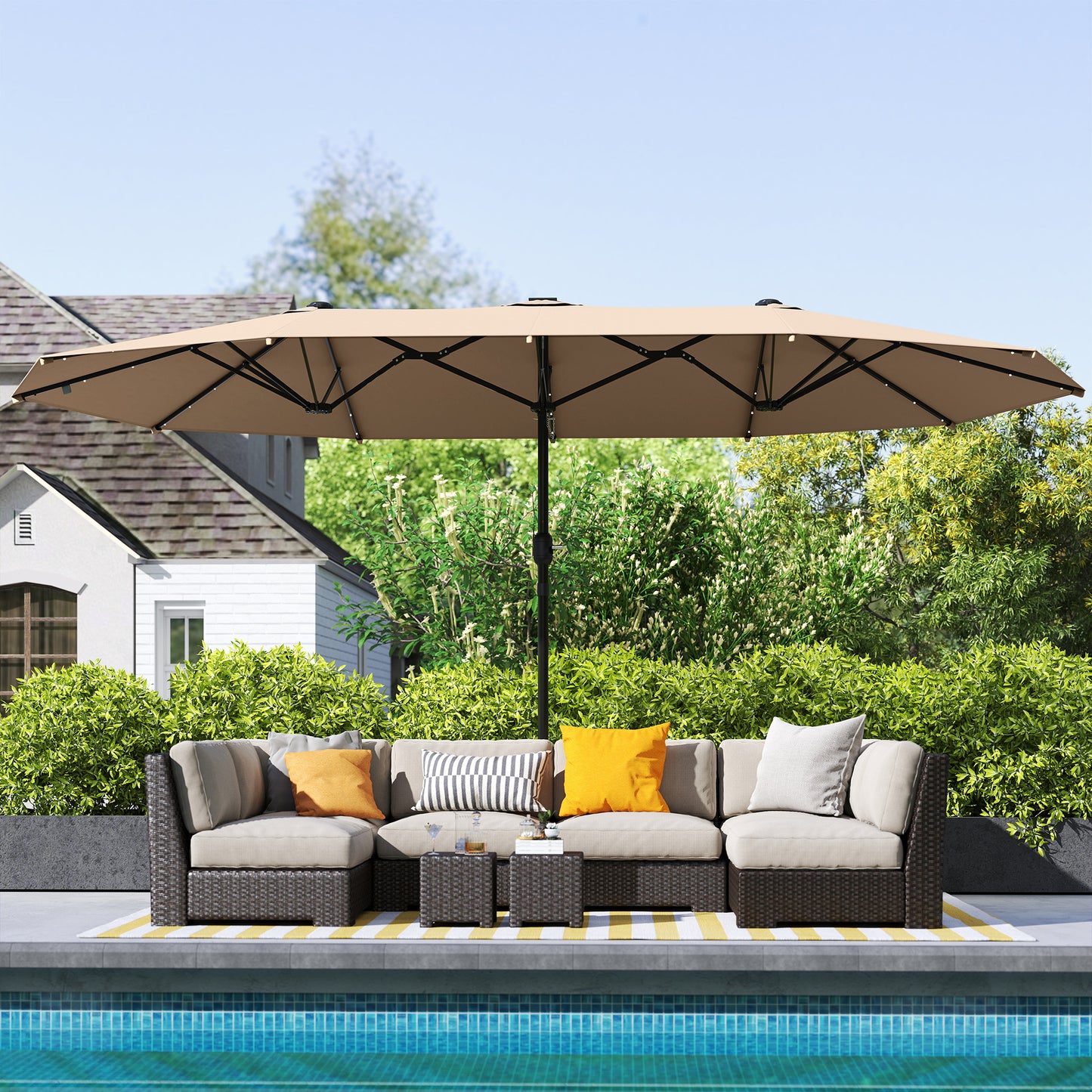174" Double-Sided Sun Umbrella Garden Parasol Patio Sun Shade Outdoor with LED Solar Light, Khaki