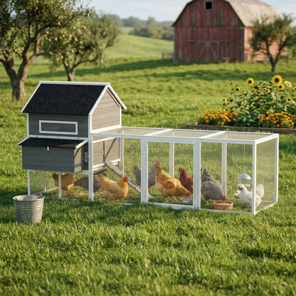 137" Dark Grey Wooden Chicken Coop with Run & Nesting Box