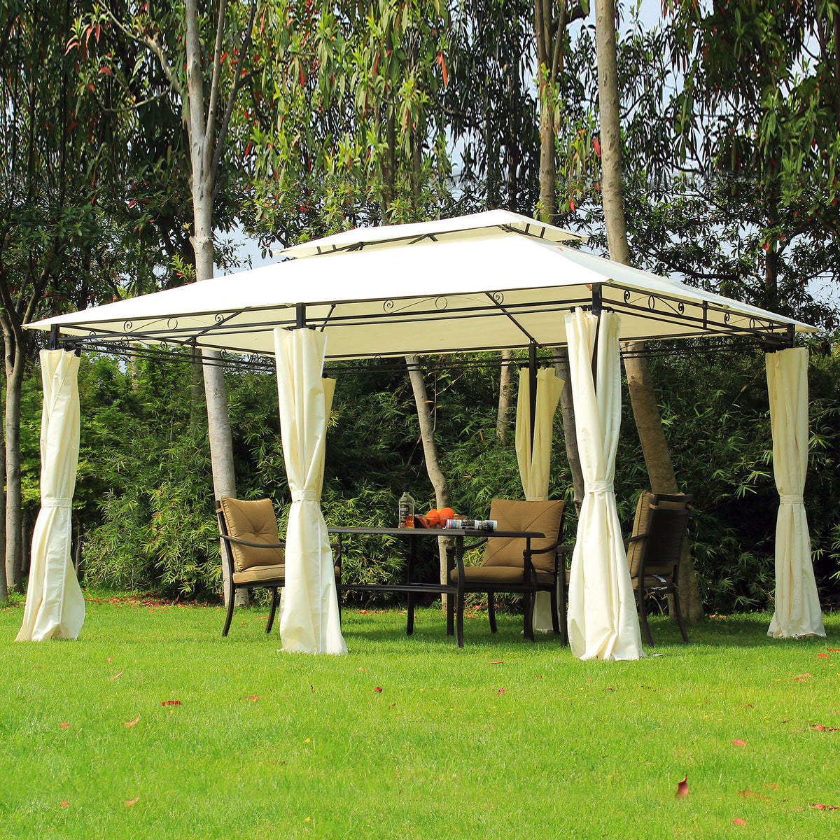 13' x 10' Soft-top Gazebo Patio Steel Canopy Portable Party Event with Double Canopy Roof, Curtains, Cream White
