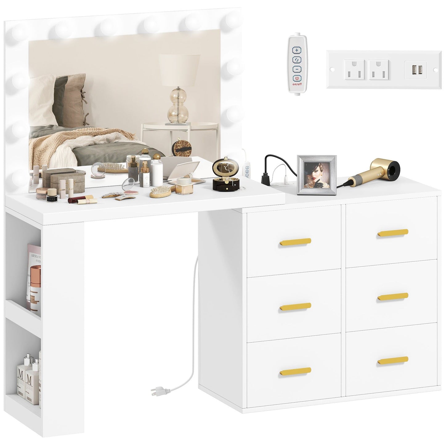 LED Vanity Desk with Mirror and 6 Drawers - White