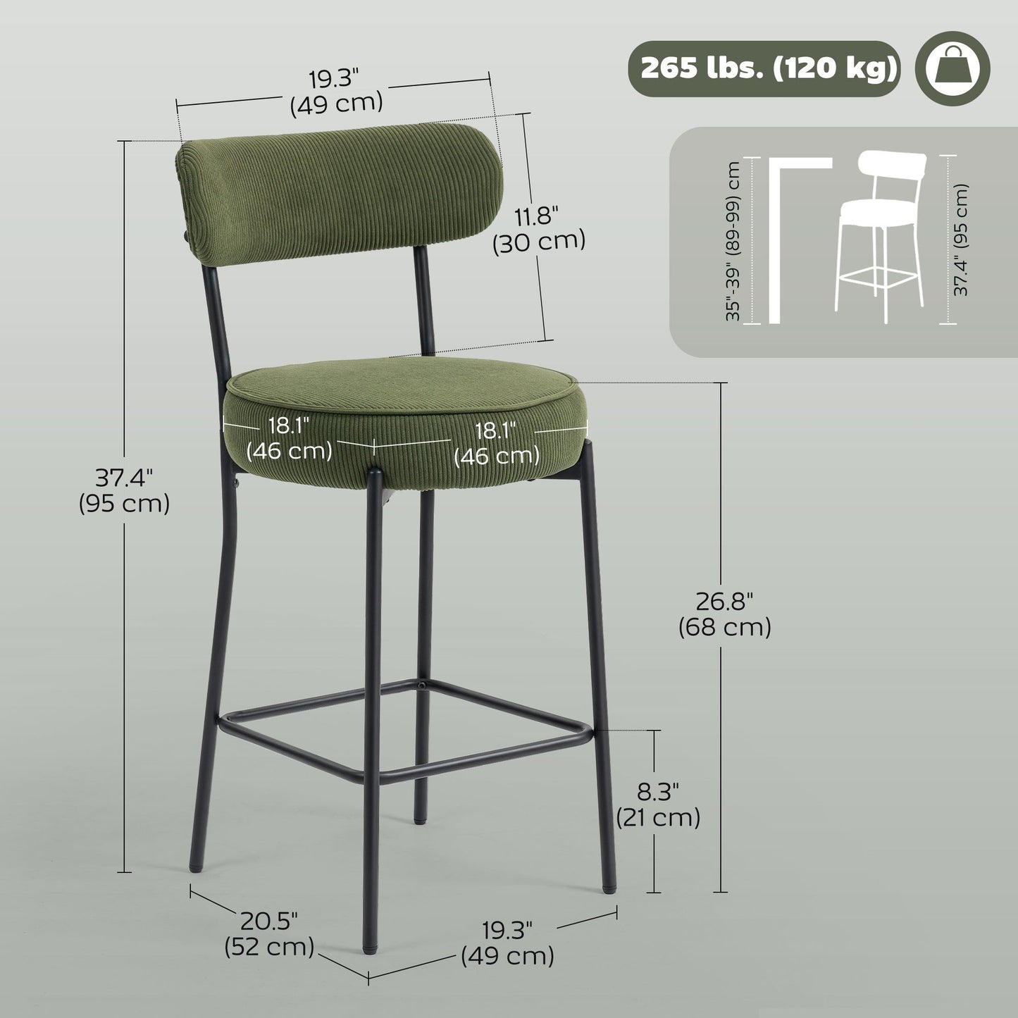 Set of 2 Corduroy Bar Stools with Backrest - Green