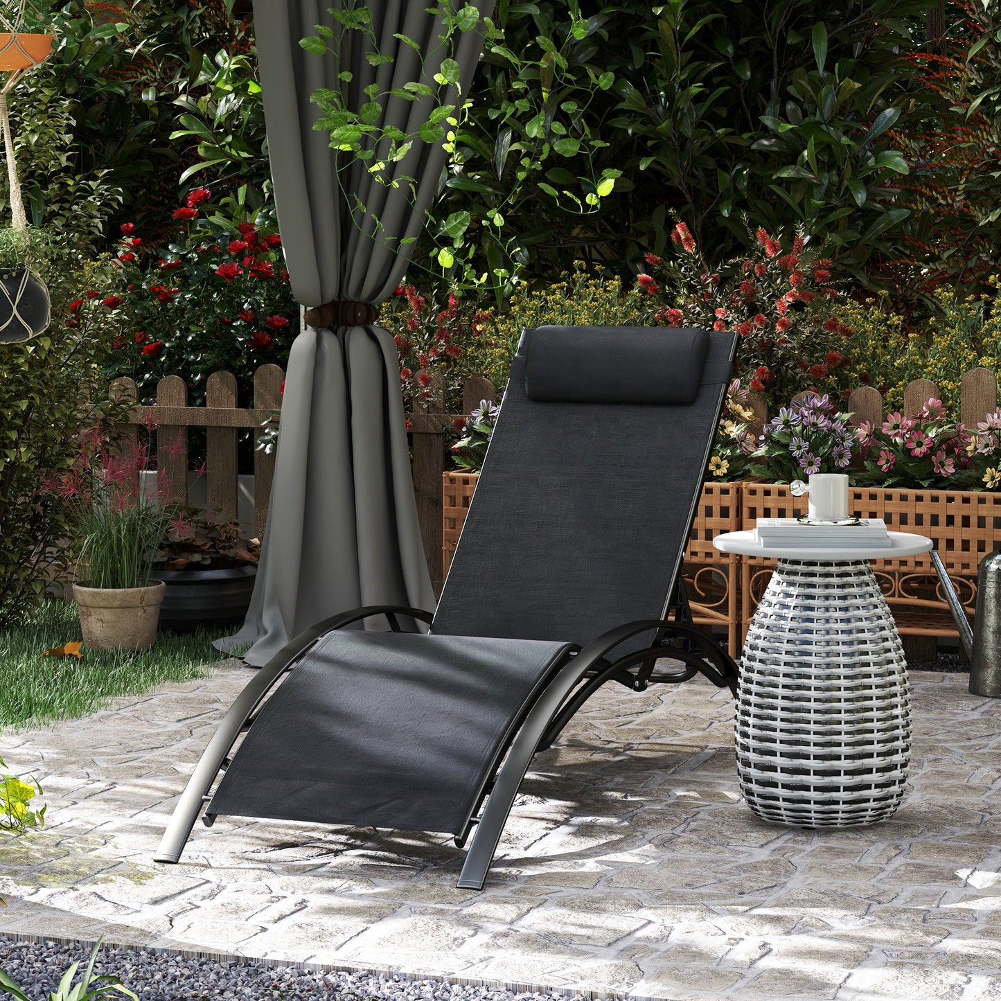 Patio Lounge Chair, Aluminum Reclining Outdoor Tanning Chair with 5-Level Adjustable Backrest, Head Pillow and Breathable Mesh Fabric, for Pool, Deck, Garden, Black