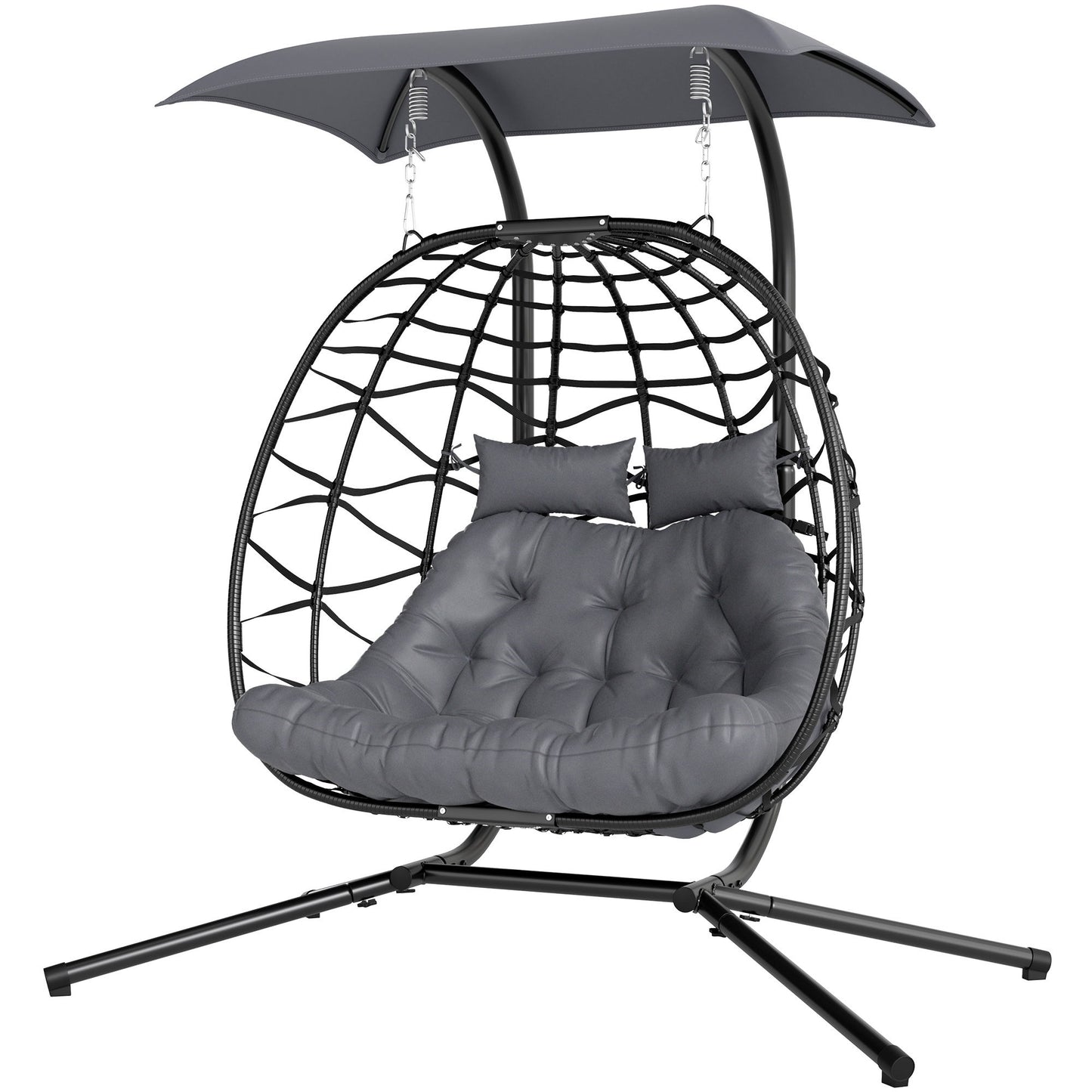 Double Wicker Egg Swing Chair with Canopy, Foldable Hanging Egg Chair with Stand Cushion Headrest, Black
