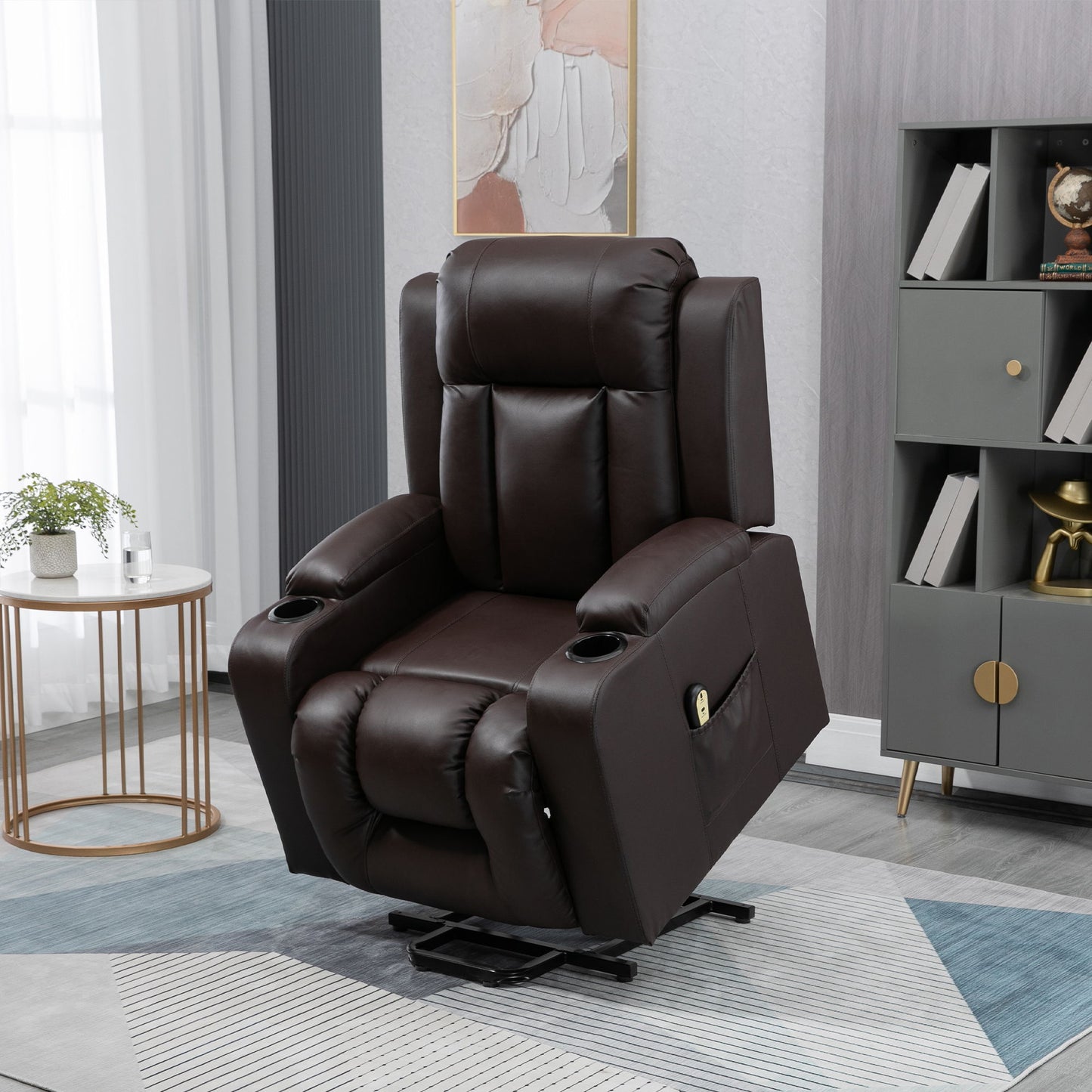 Electric Power Lift Chair, PU Leather Recliner Sofa with Footrest, Remote Control and Cup Holders, Brown