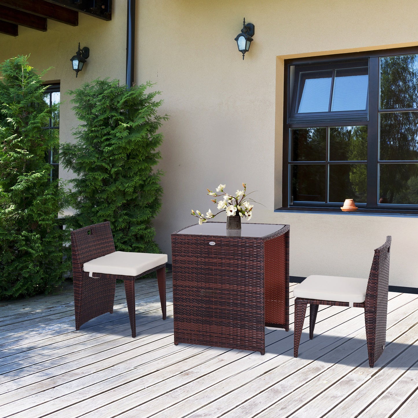 3 Pieces Wicker Patio Dining Set Outdoor Furniture Set with Removable Cushions, Glass Top Dining Table, PE Rattan Conversation Set for Garden Poolside, Cream White