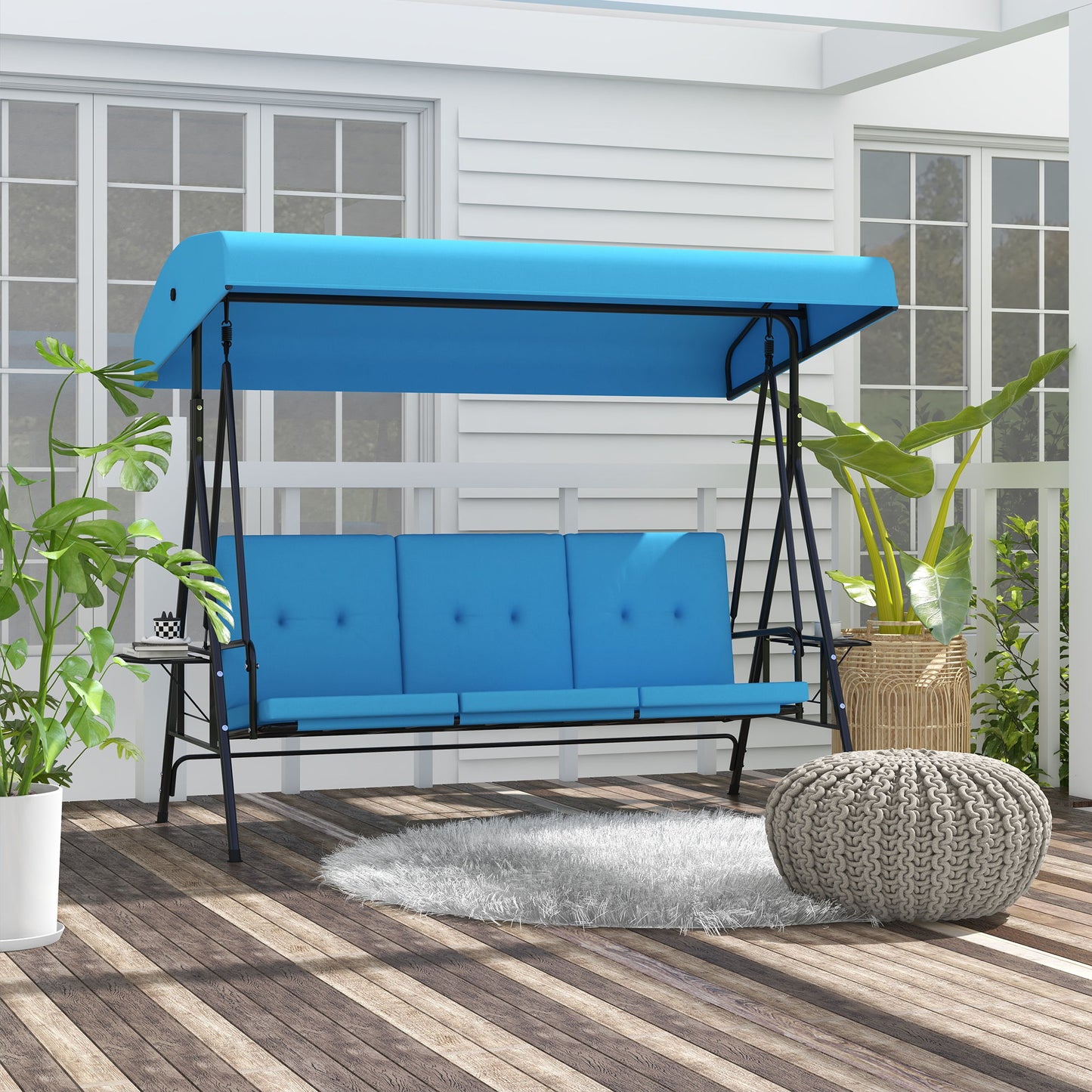 3-Seat Outdoor Porch Swing Patio Swing with Adjustable Canopy, Side Tray, Removable Cushion for Garden, Poolside, Blue
