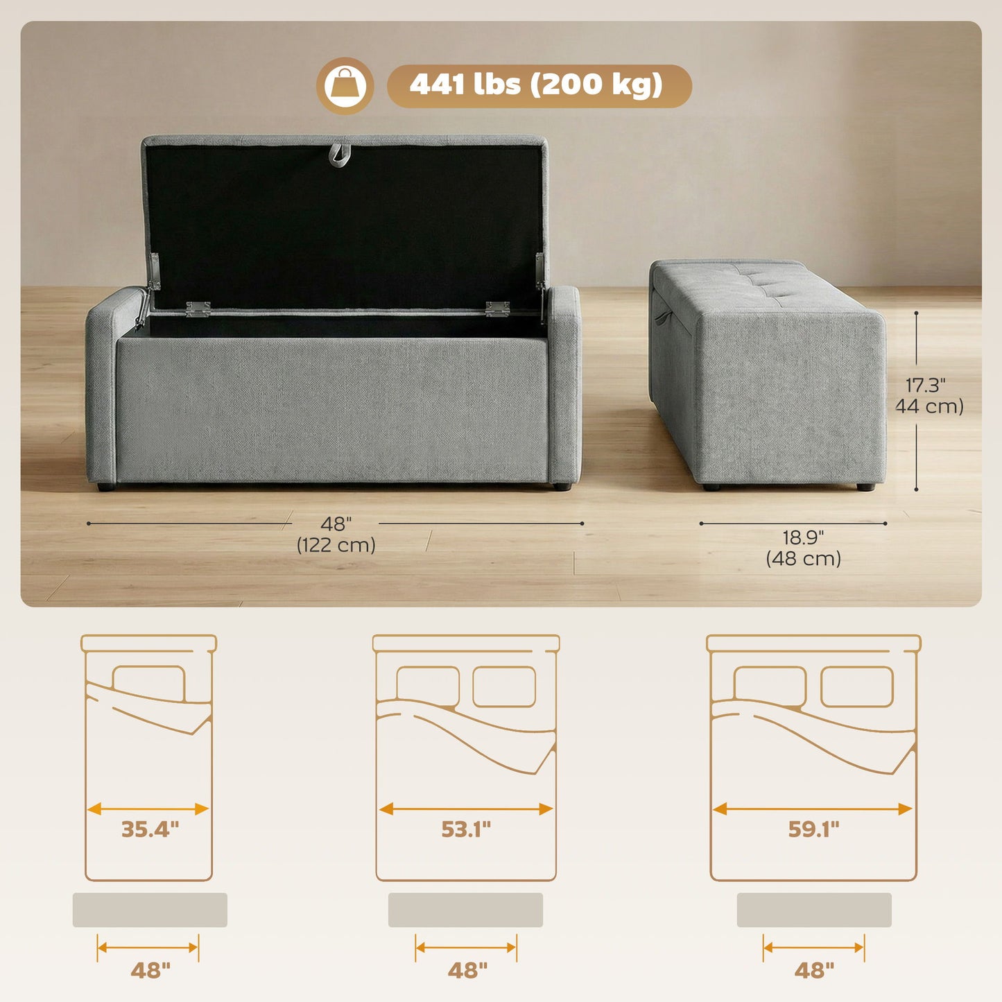Storage Ottoman Bench, Linen-Look Fabric Upholstered Ottoman with Storage, Wide Padded Seat, Light Grey