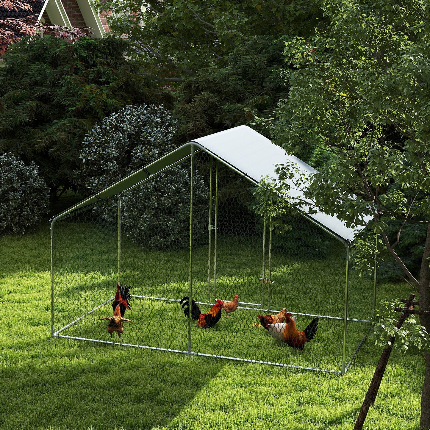 Metal Chicken Coop, 9.8 x 11.2 FT Walk-in Chicken Run with Cover, Lockable Door, Outdoor Poultry Cage for 10-15 Chickens