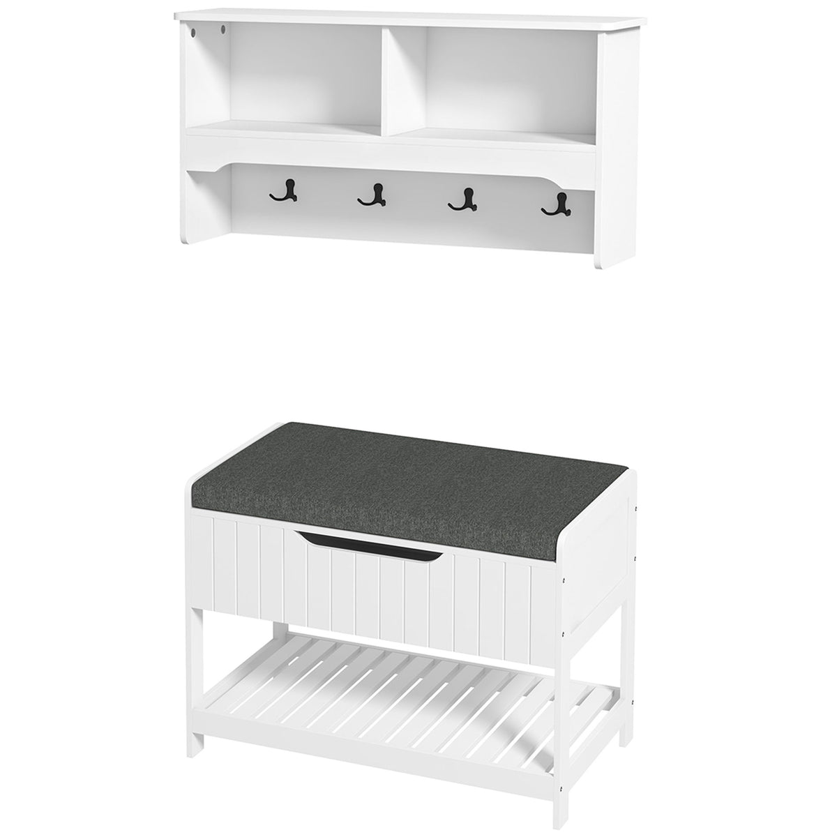 Wall Mounted Coat Rack with Shoe Storage Bench, Hall Tree and Bench, Clothes Hanger Rack with Shelves for Hallway White