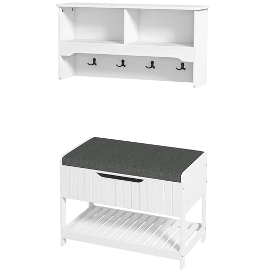 Wall Mounted Coat Rack with Shoe Storage Bench, Hall Tree and Bench, Clothes Hanger Rack with Shelves for Hallway White