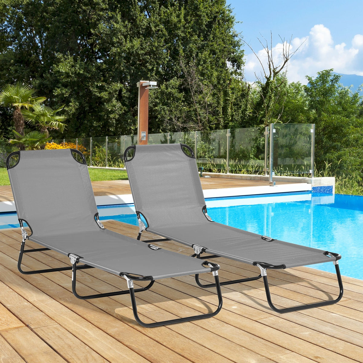 Set of 2 Folding Outdoor Lounge Chair, Sun Tanning Chairs with Reclining Back, Breathable Mesh for Beach Patio, Grey