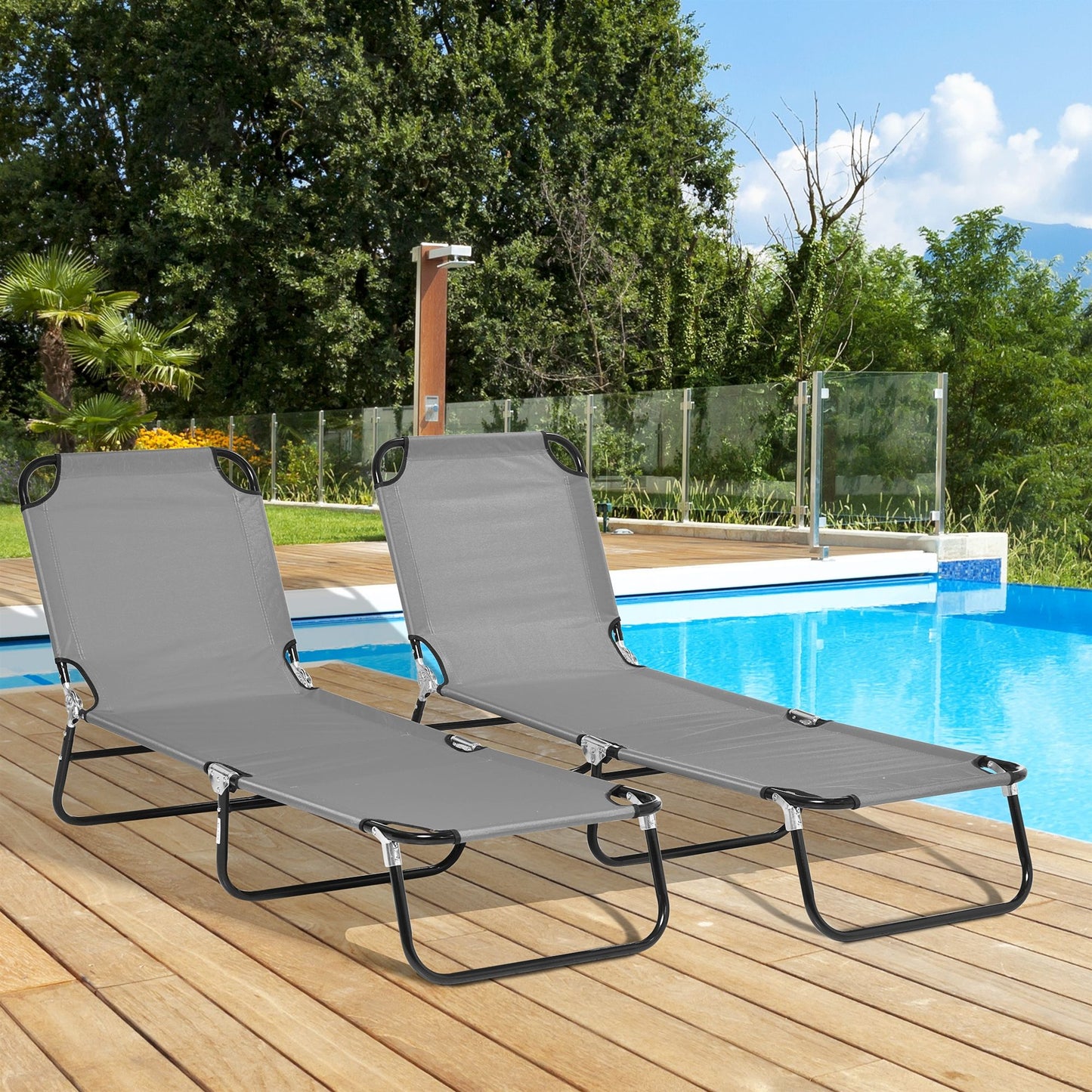 Set of 2 Folding Outdoor Lounge Chair, Sun Tanning Chairs with Reclining Back, Breathable Mesh for Beach Patio, Grey