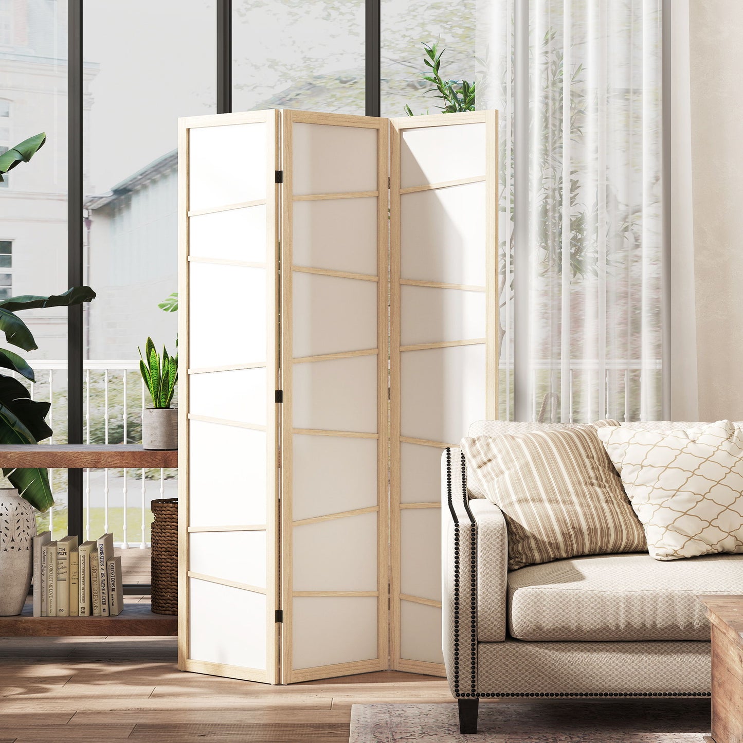 66.9" Folding Room Divider, 3 Panel Wall Partition with Wood Frame for Bedroom, Home Office, Natural Wood