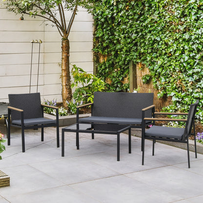 Black 4-Piece Wicker Conversation Set with Glass Table