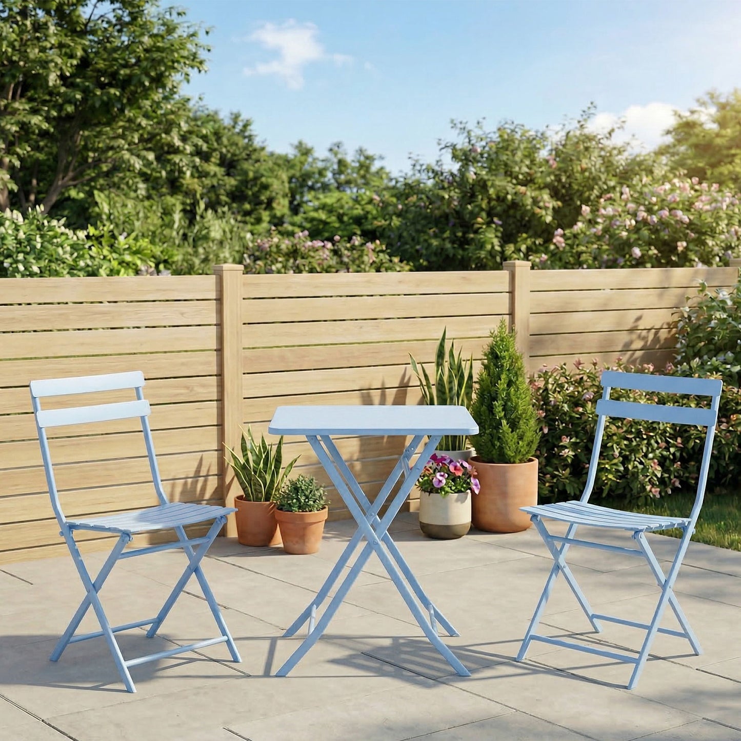 3 Pieces Garden Bistro Coffee Set Foldable Patio Chair & Square Table for Outdoor Yard Porch Poolside Balcony Blue