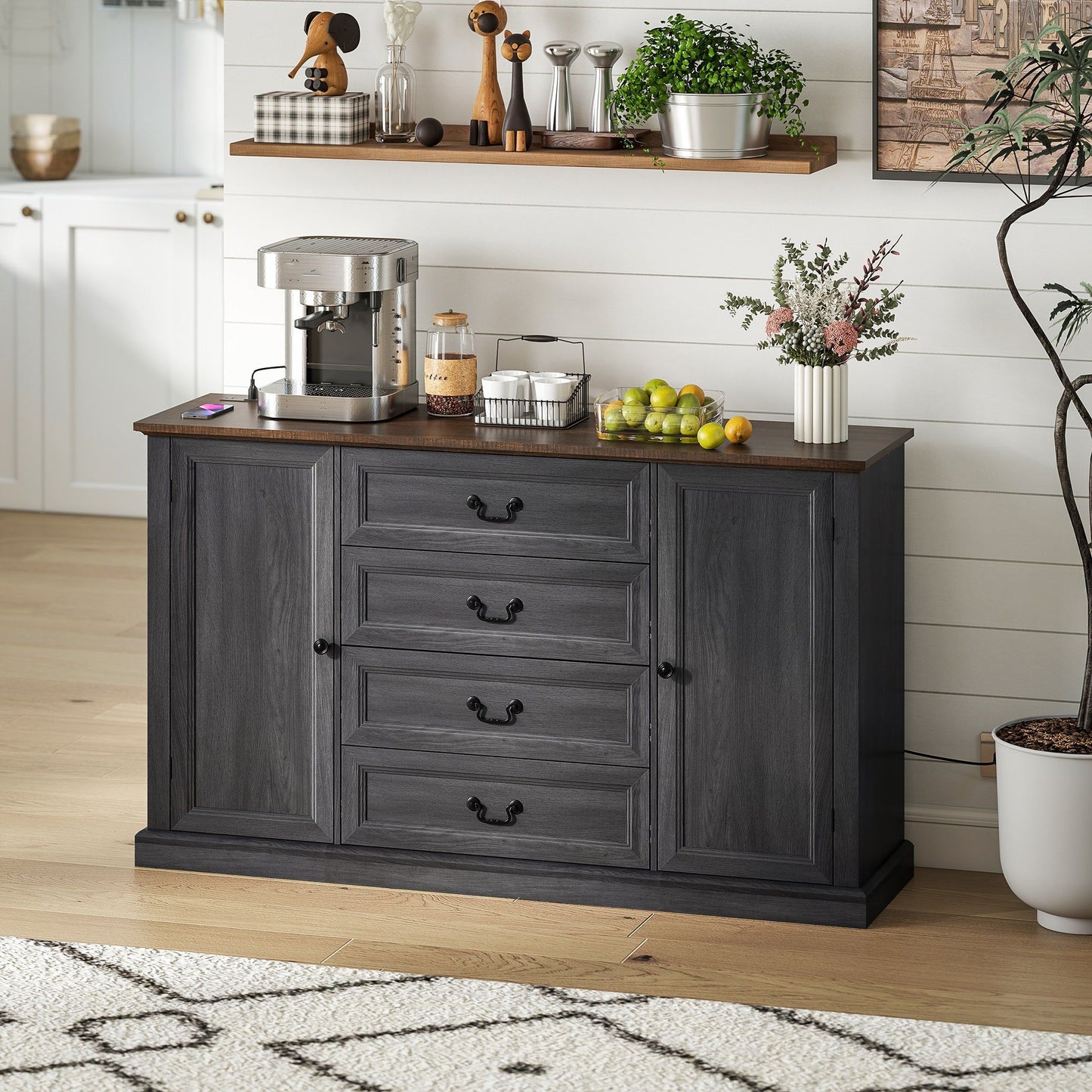 58" Farmhouse Sideboard with Charging Station and 4 Drawers - Black