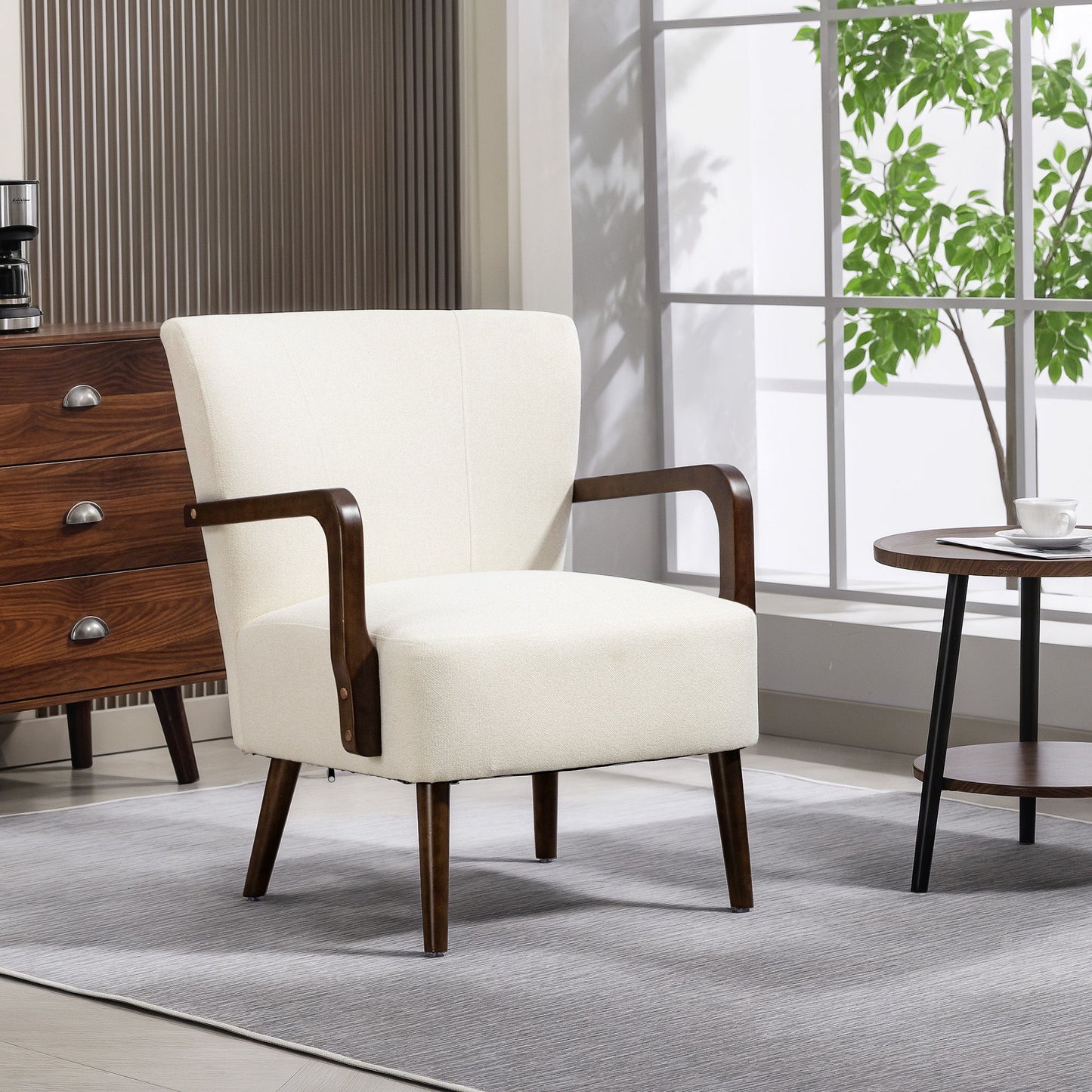 Accent Chair with Wooden Legs, Linen Fabric Armchair with Thick Padding, Comfy Chair for Living Room, Cream White