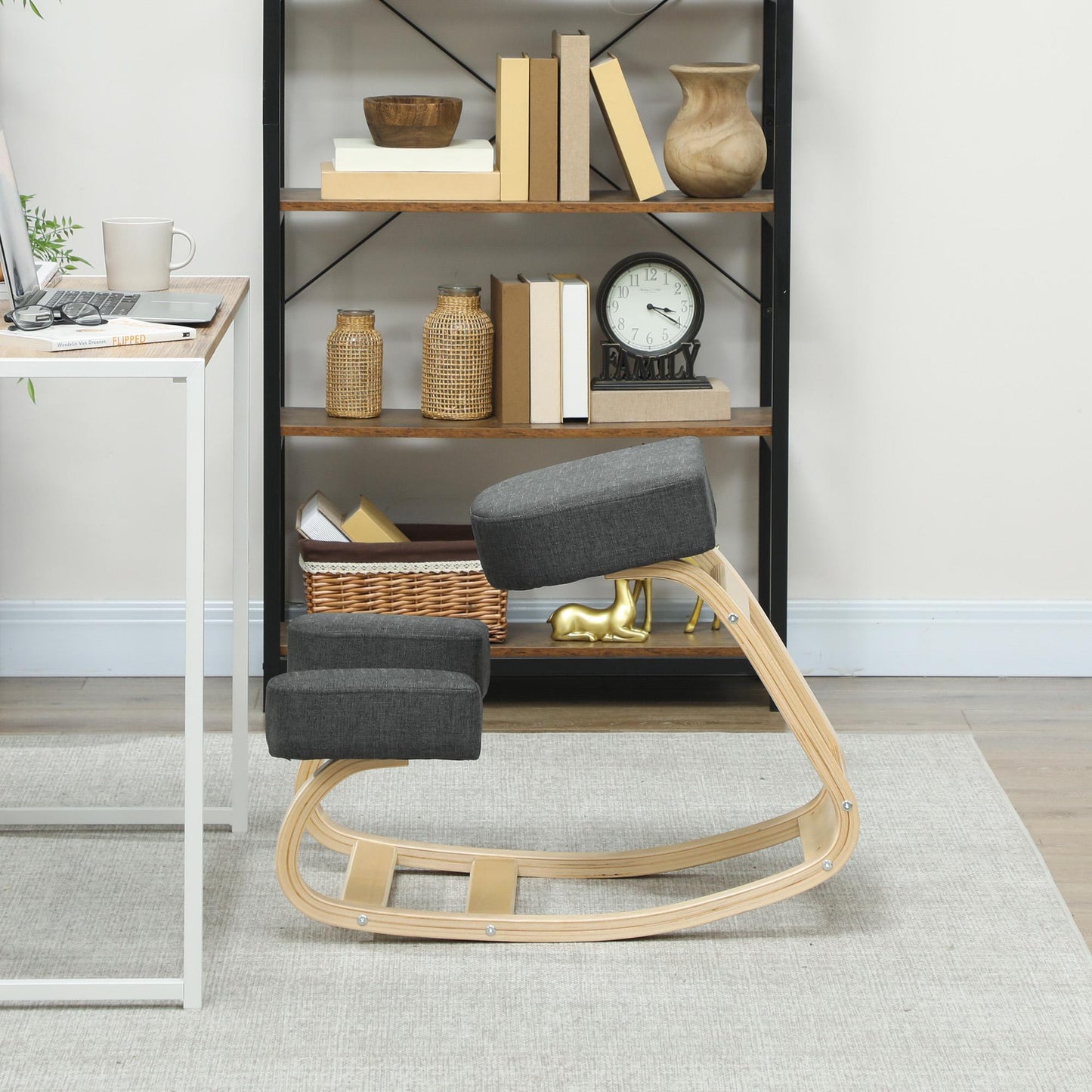 Ergonomic Kneeling Chair, Wood Kneel Stool with Thick Pads, Desk Knee Chair, Improve Posture, Dark Grey