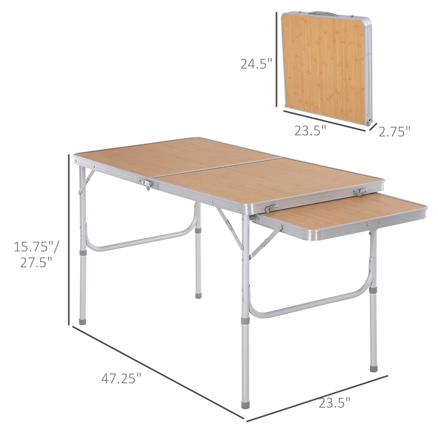 4ft Picnic Table with Slide Shelf Outdoor Portable Aluminum Folding Table 2 Adjustable Height