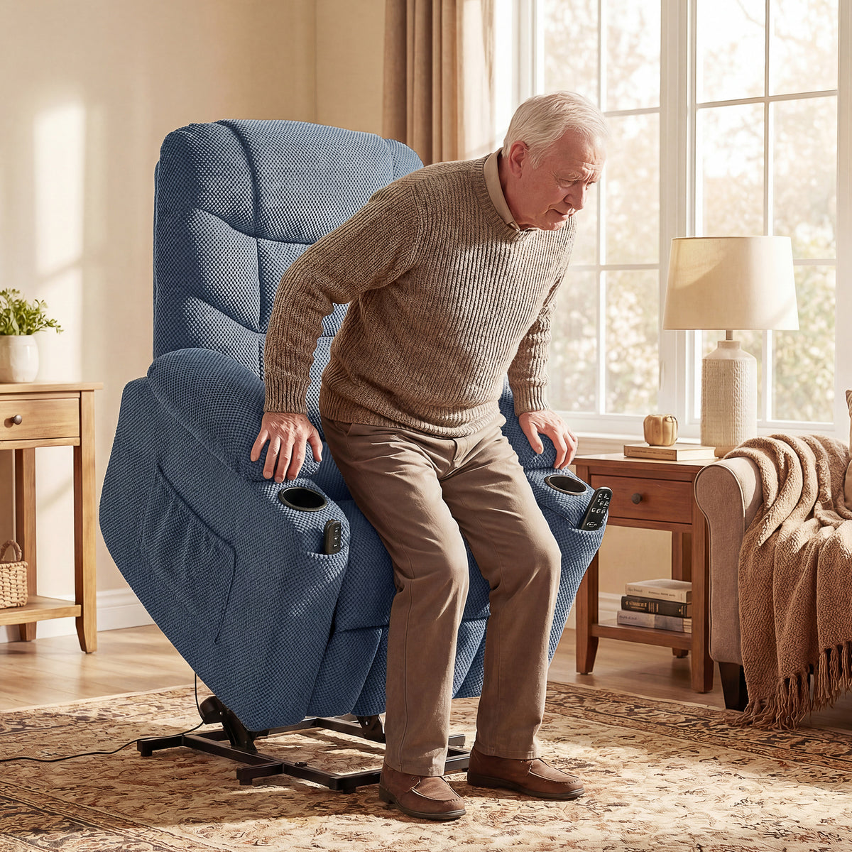 Power Recliner Chair with Massage, Electric Lift Chair for Elderly with Side Pockets, Cup Holders, Remote, Blue