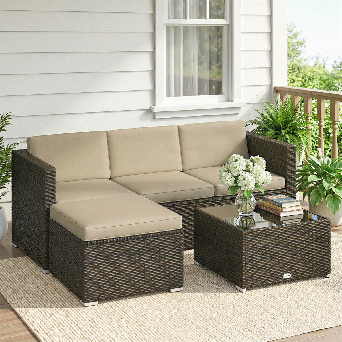 3 Pieces Patio Furniture Set with Cushions, Outdoor PE Rattan Wicker Conversation Corner Sofa Set, Khaki