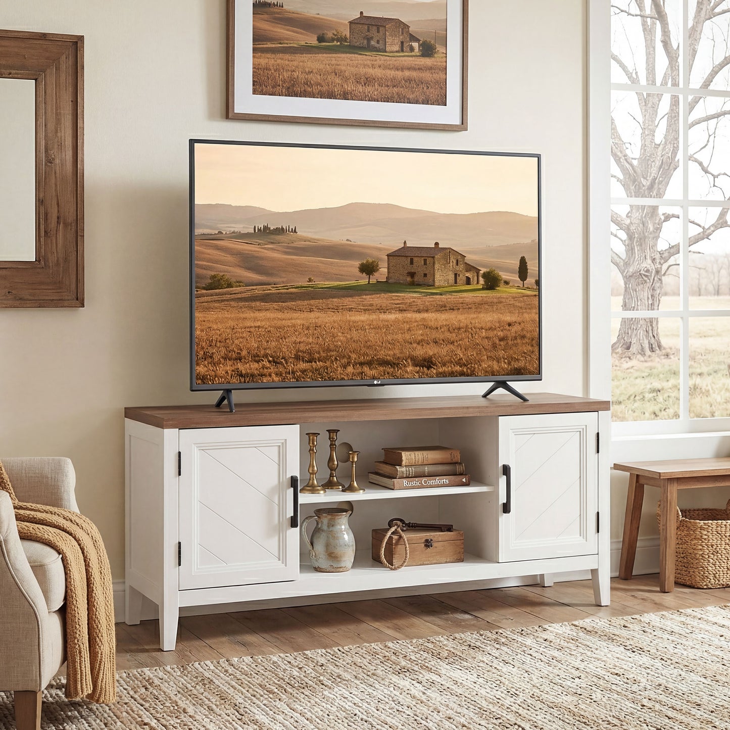 TV Stand for TVs up to 55 Inch, Entertainment Center with 2 Open Shelves, 2 Cabinets, Thick Top, White and Brown