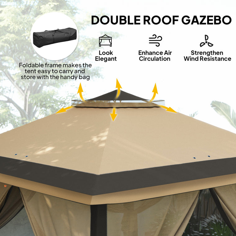 11' x 11' Beige Pop-Up Gazebo with Double Roof & Mesh Sidewalls
