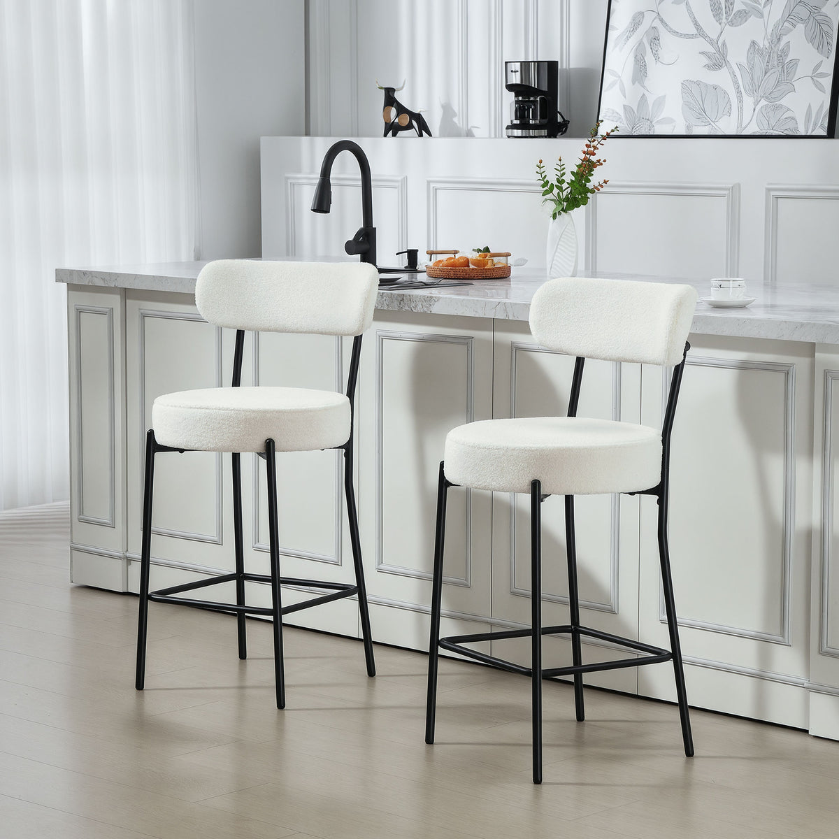 Set of 2 Barstools, Upholstered Bar Stools with Backrest, Footrest for Kitchen Island, Dining Room, Cream White