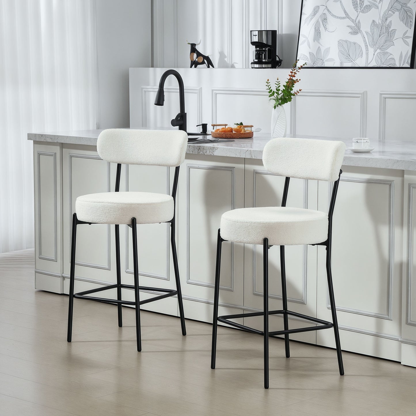 Set of 2 Barstools, Upholstered Bar Stools with Backrest, Footrest for Kitchen Island, Dining Room, Cream White