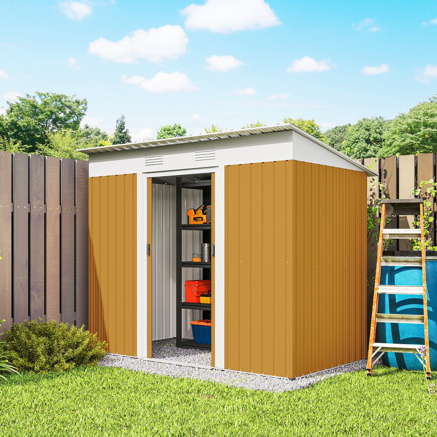 7' x 4' Outdoor Storage Shed, Metal Garden Tool Storage House Organizer with Lockable Sliding Doors and Vents for Backyard Patio Lawn, Yellow