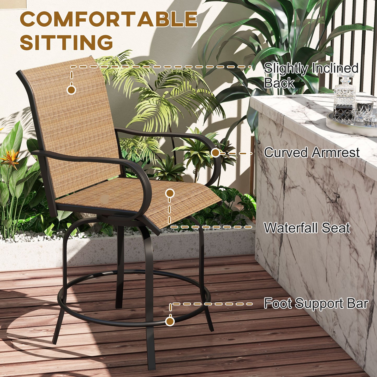 Outdoor Bar Stools Set of 2, 360° Swivel Bar Height Chairs, 26.8" x 29.5" x 48.4", Tan
