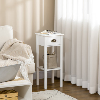 Set of 2 Slim End Tables with Drawer and Shelf - White